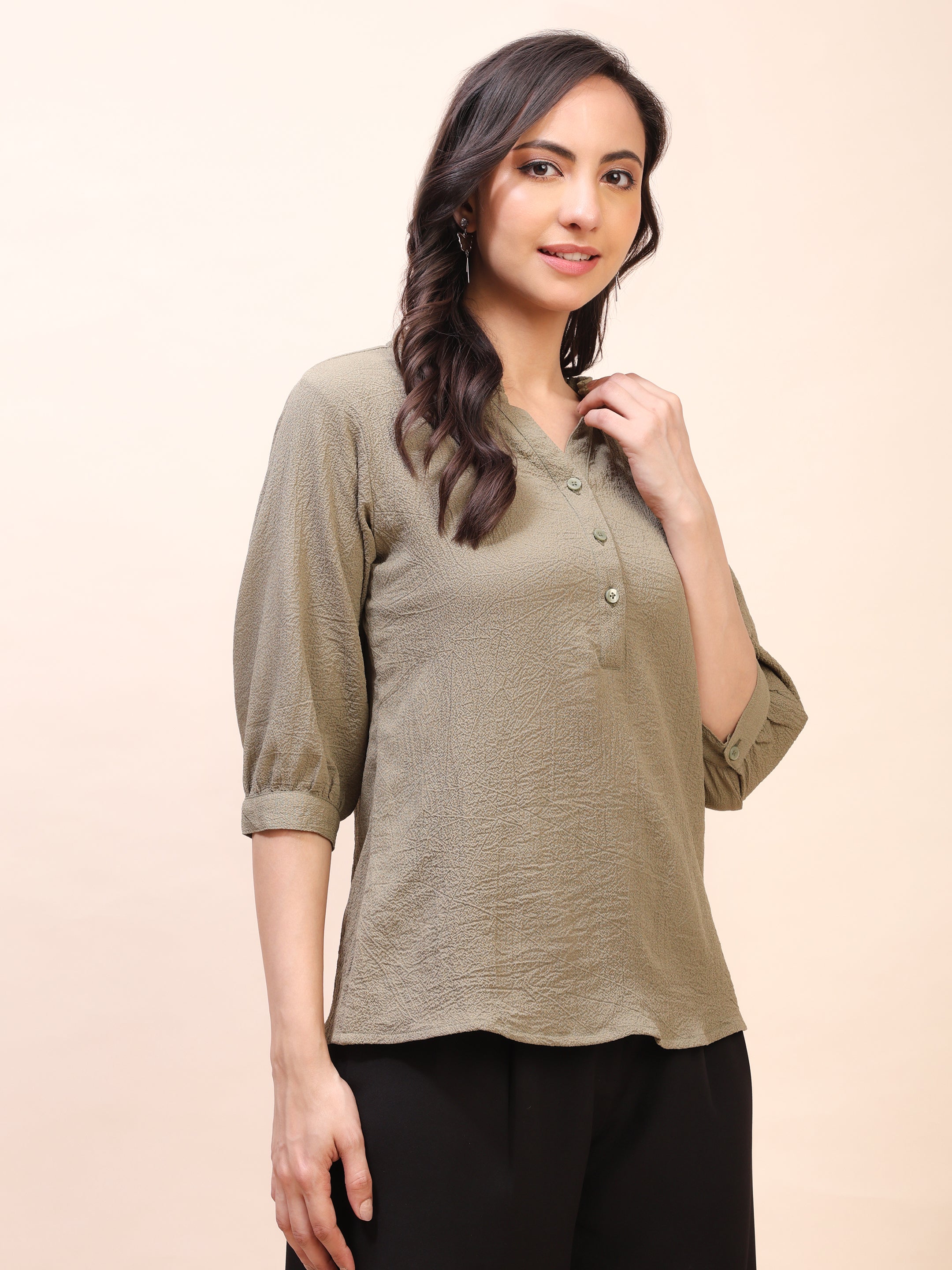 Classic Ruffle Detail Mandarin Collar Top