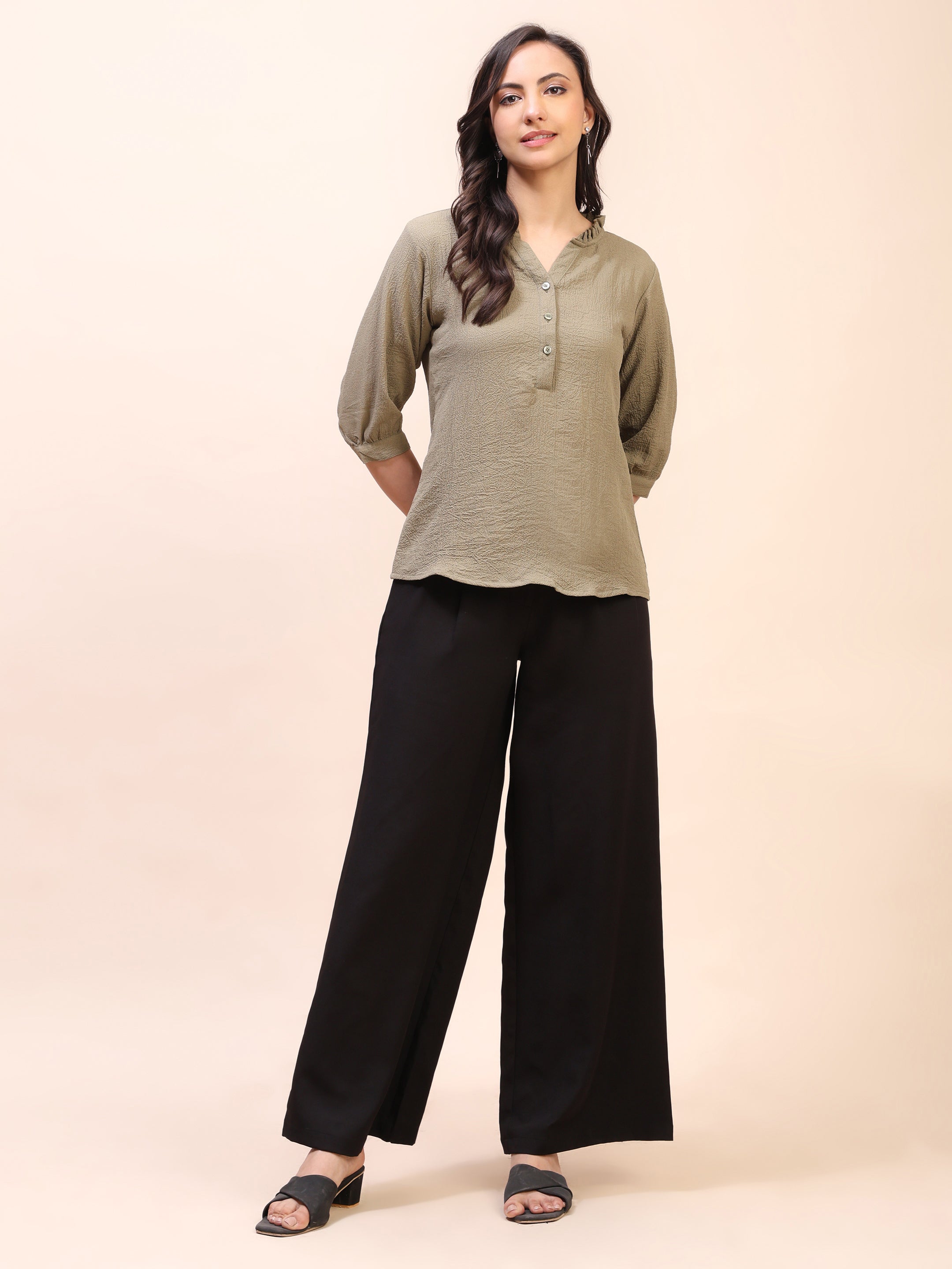 Classic Ruffle Detail Mandarin Collar Top