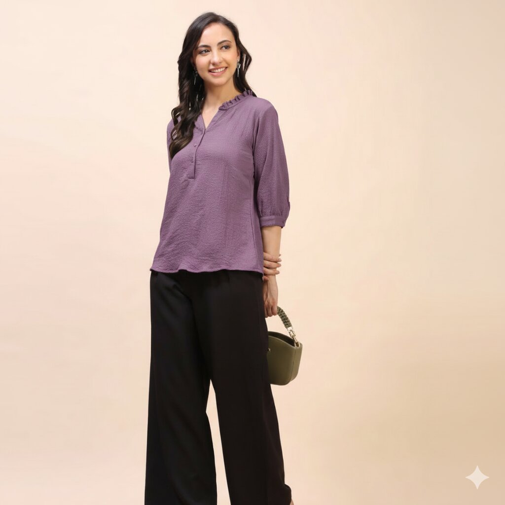 Classic Ruffle Detail Mandarin Collar Top
