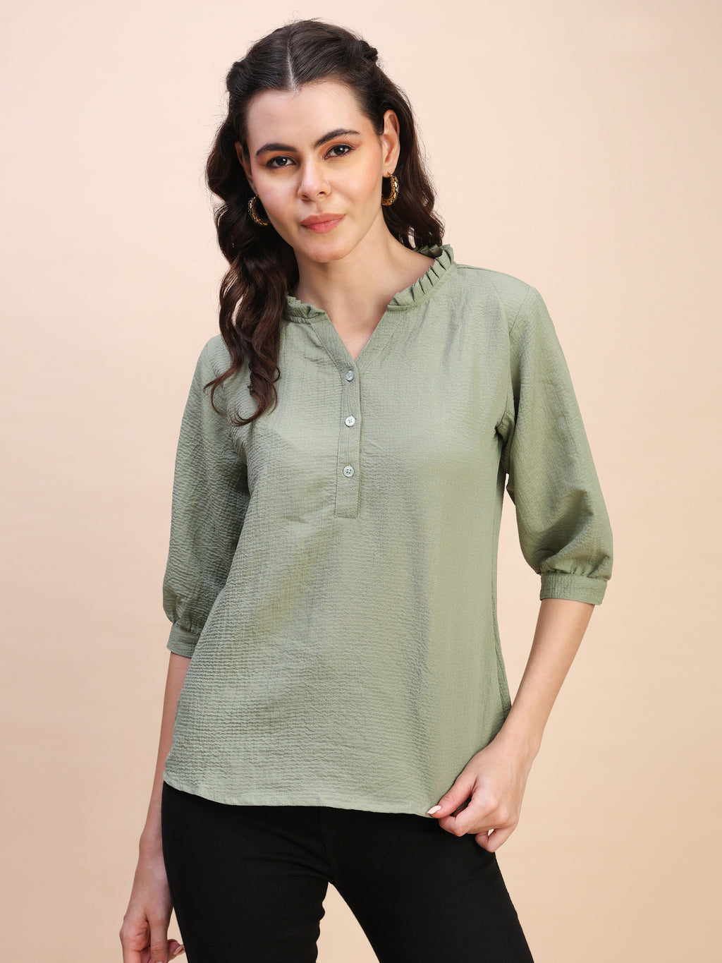 Classic Ruffle Detail Mandarin Collar Top