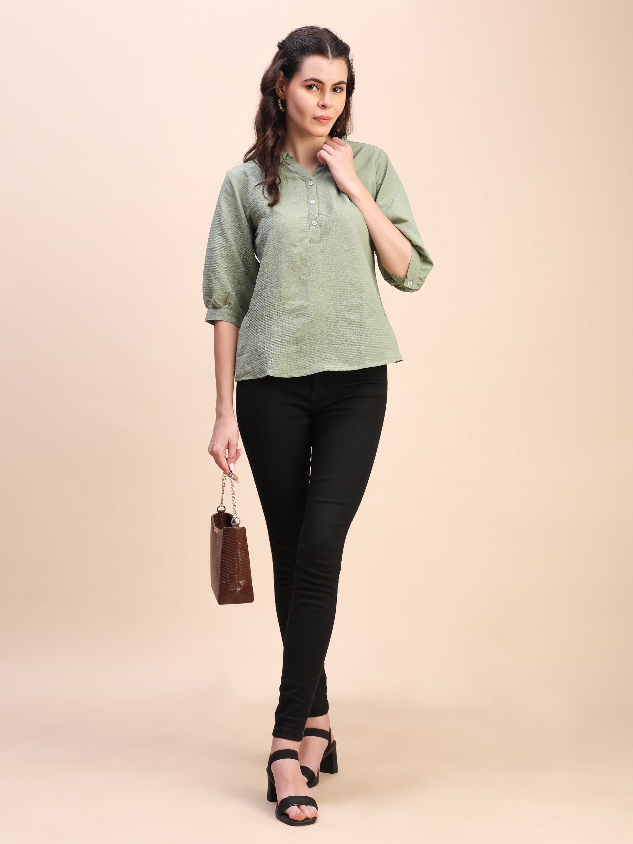 Classic Ruffle Detail Mandarin Collar Top