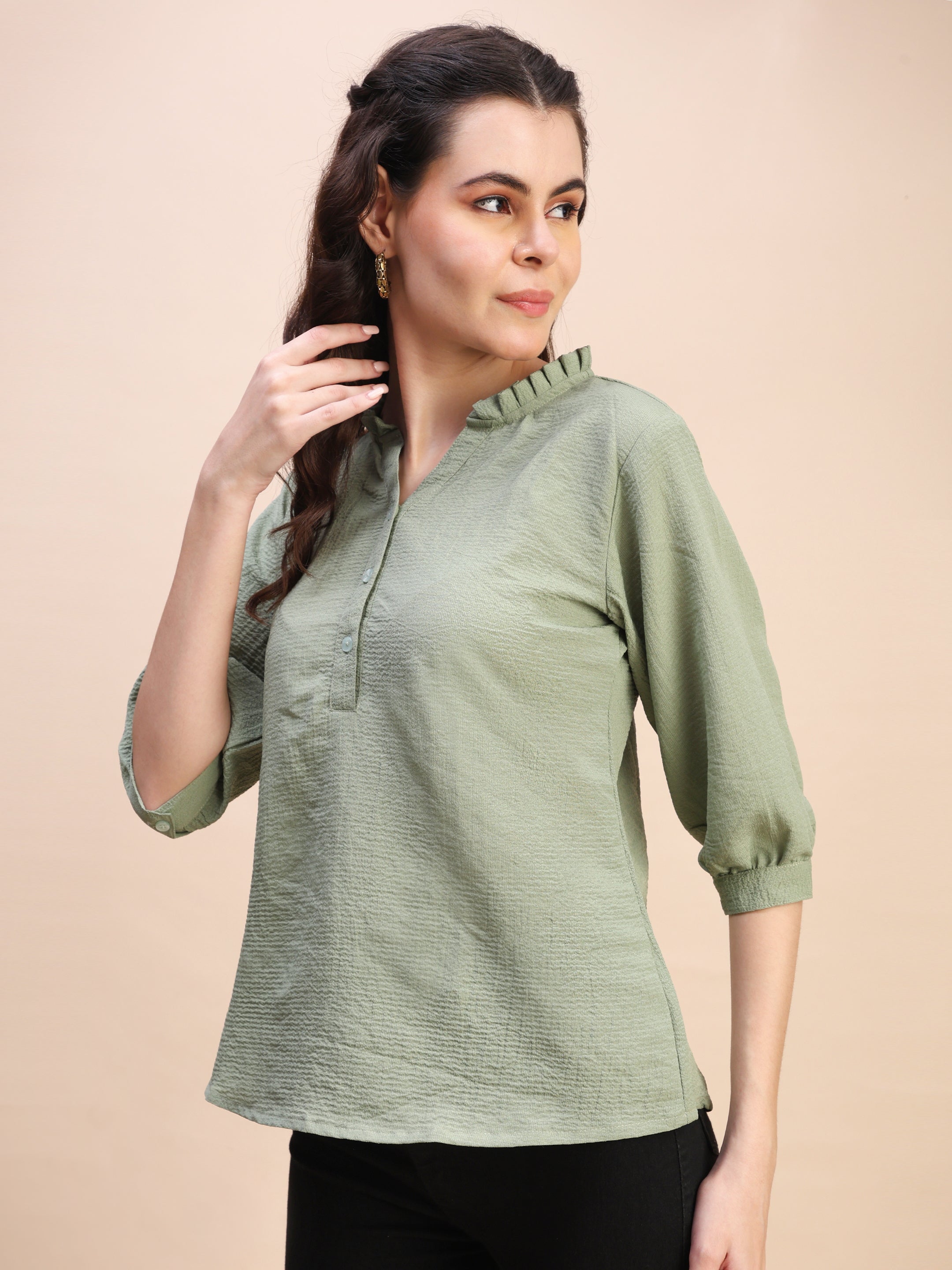 Classic Ruffle Detail Mandarin Collar Top