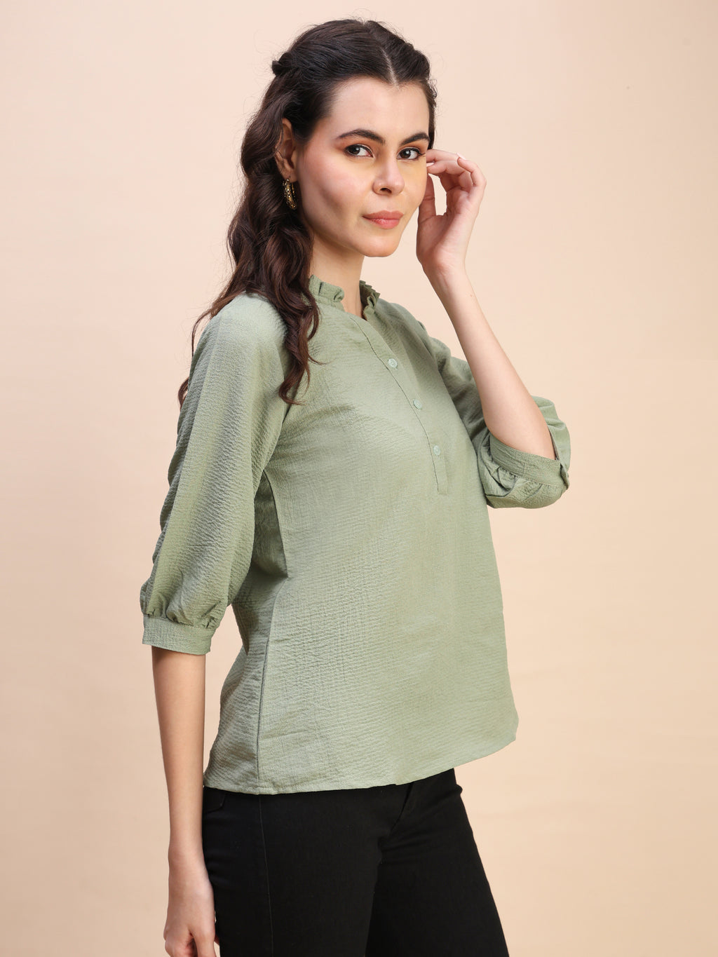 Classic Ruffle Detail Mandarin Collar Top