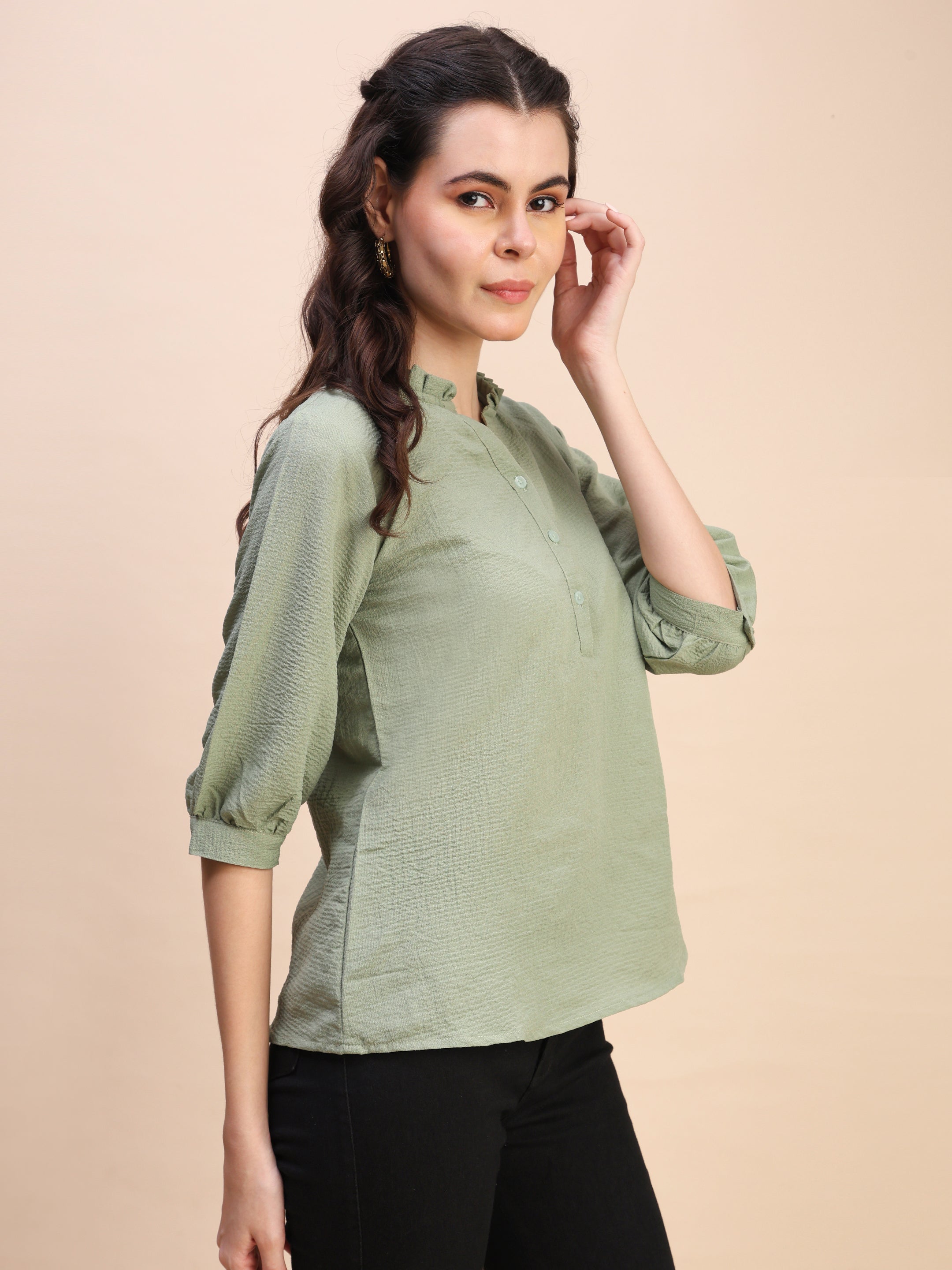 Classic Ruffle Detail Mandarin Collar Top