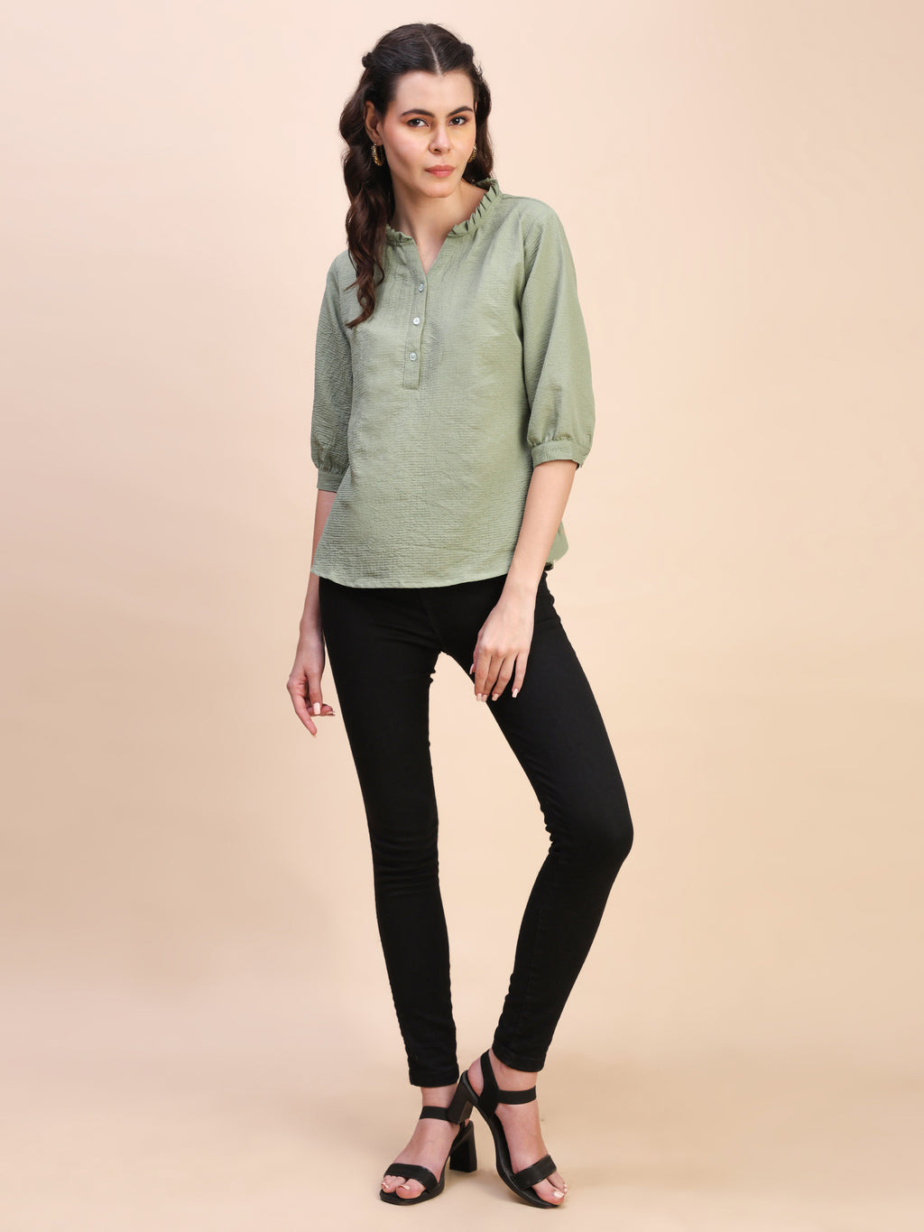 Classic Ruffle Detail Mandarin Collar Top