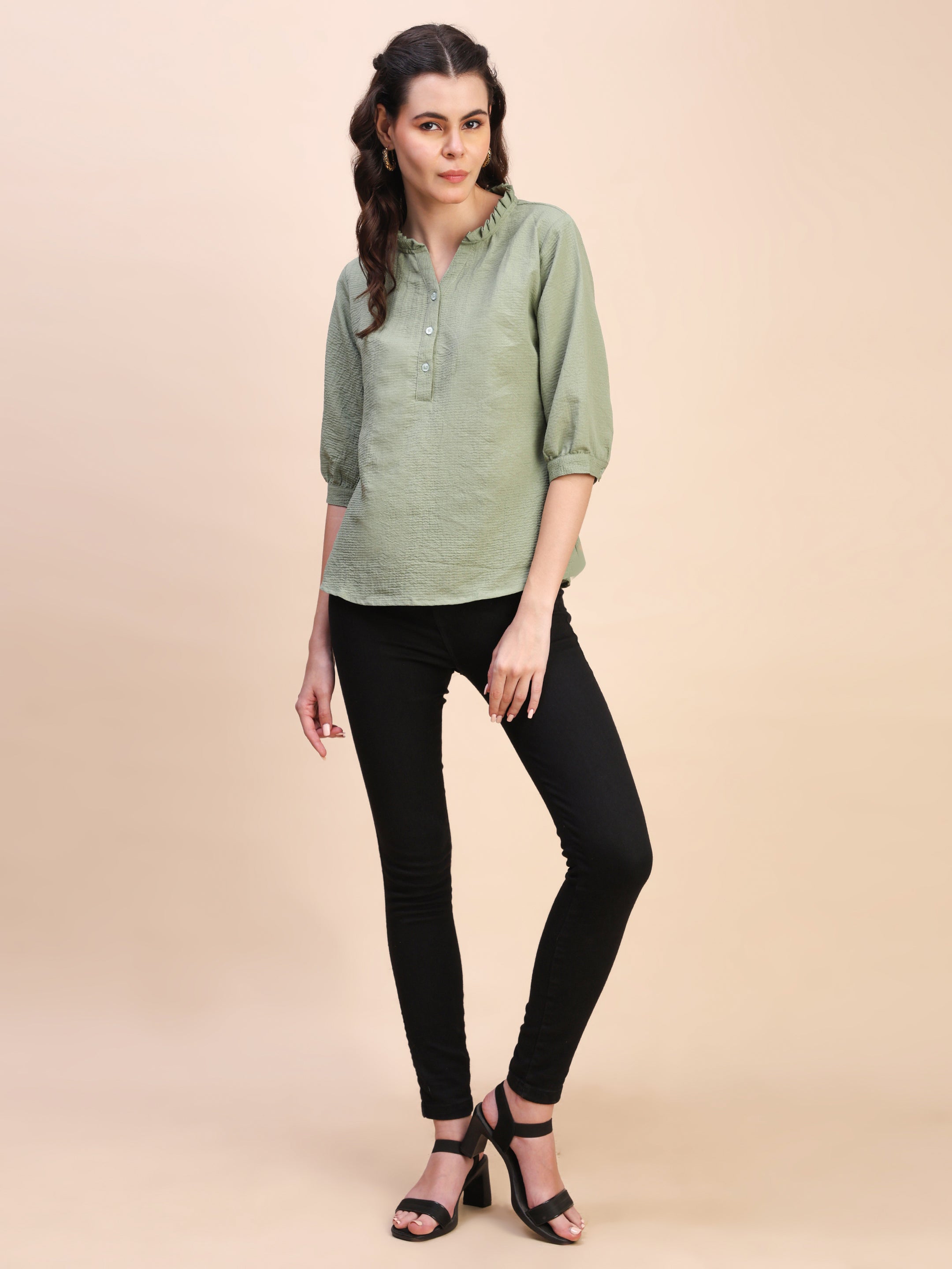 Classic Ruffle Detail Mandarin Collar Top