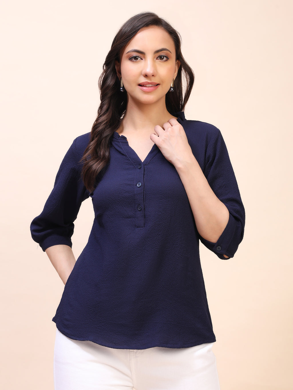 Classic Ruffle Detail Mandarin Collar Top