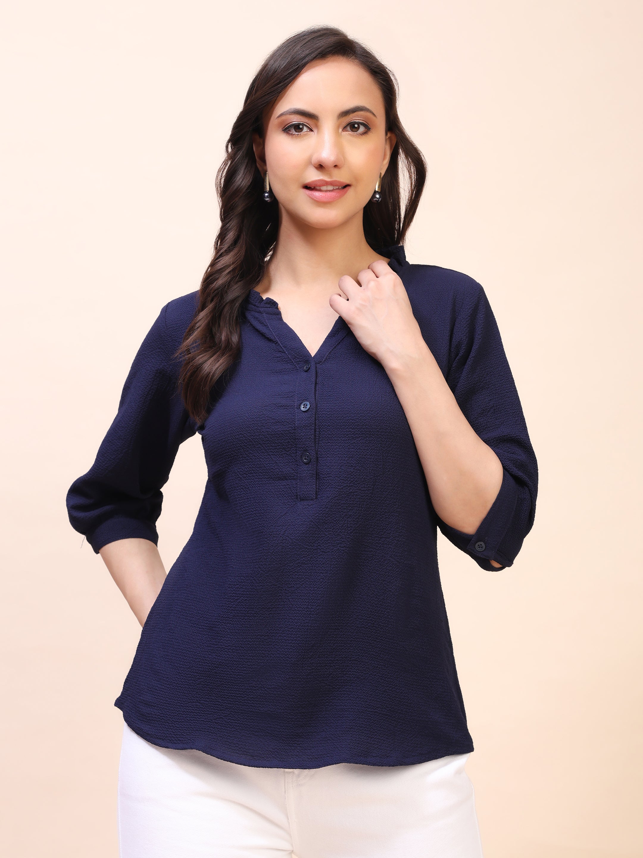 Classic Ruffle Detail Mandarin Collar Top