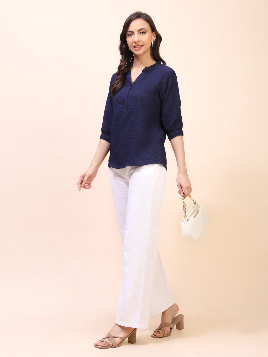 Classic Ruffle Detail Mandarin Collar Top