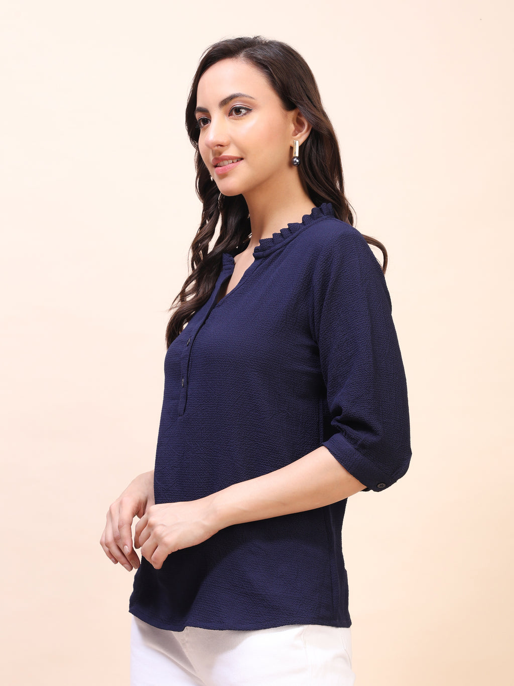 Classic Ruffle Detail Mandarin Collar Top