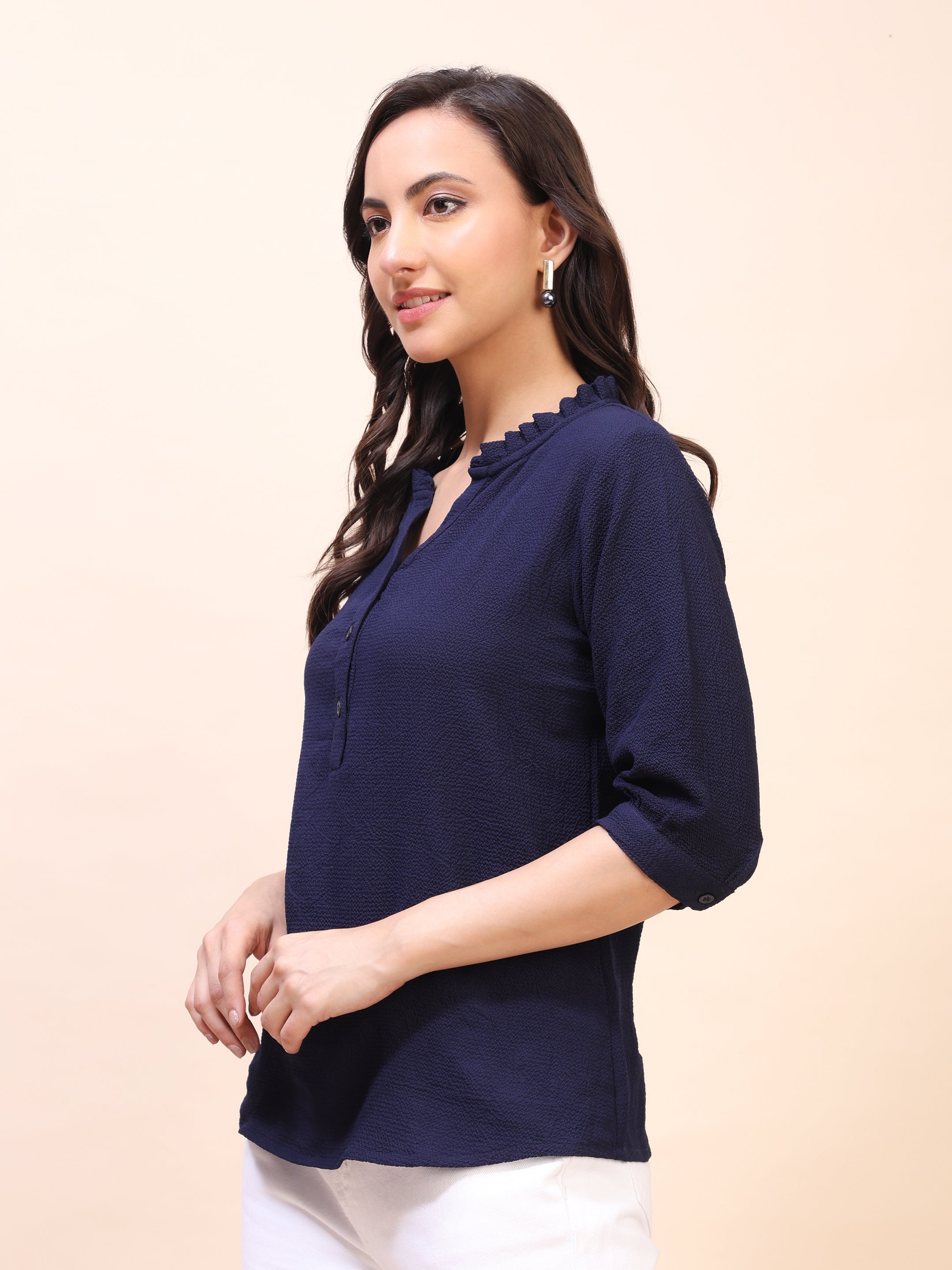 Classic Ruffle Detail Mandarin Collar Top