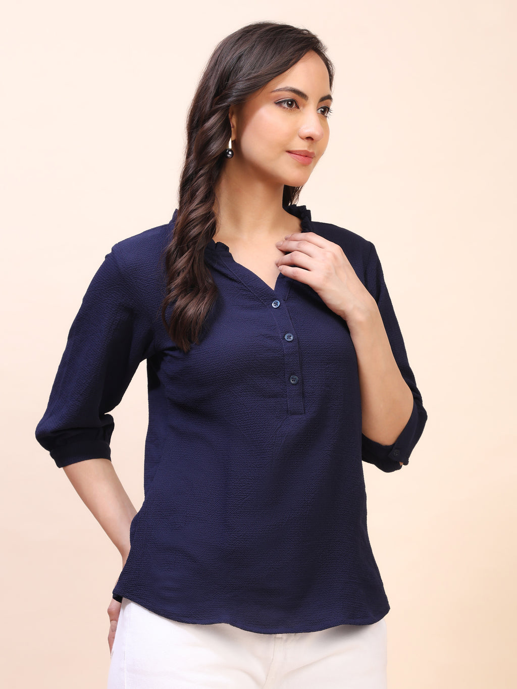 Classic Ruffle Detail Mandarin Collar Top