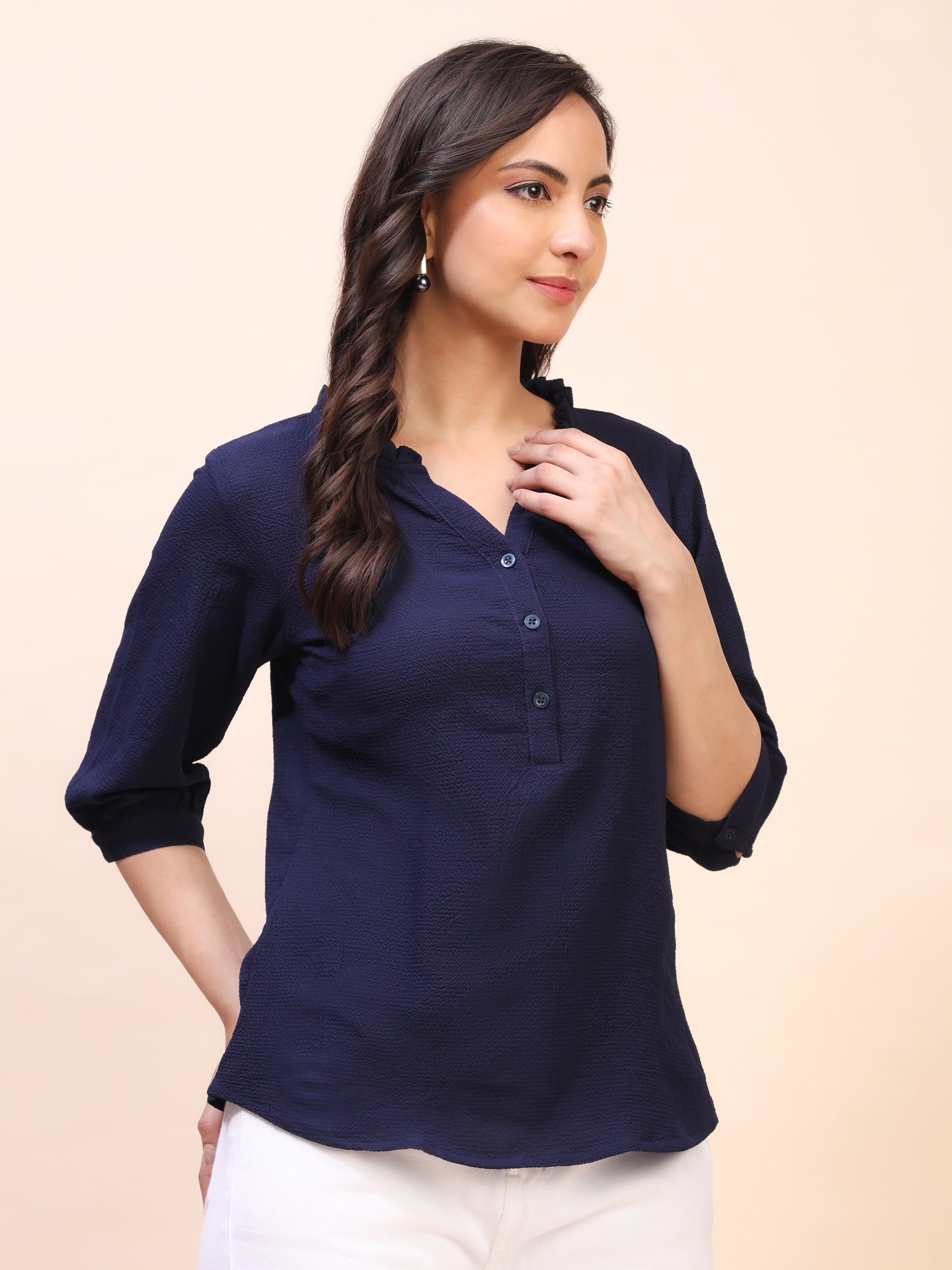 Classic Ruffle Detail Mandarin Collar Top