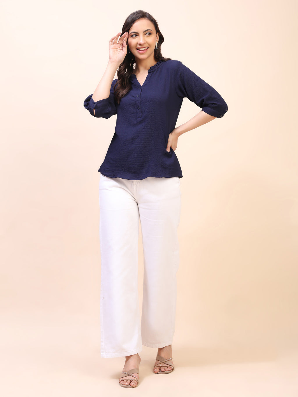 Classic Ruffle Detail Mandarin Collar Top