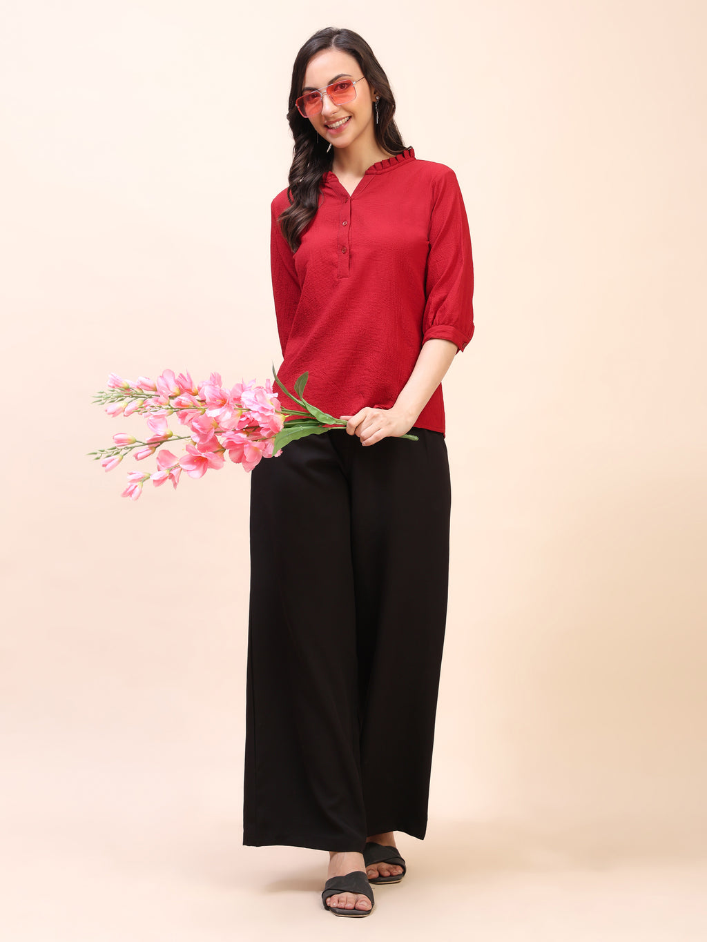 Classic Ruffle Detail Mandarin Collar Top