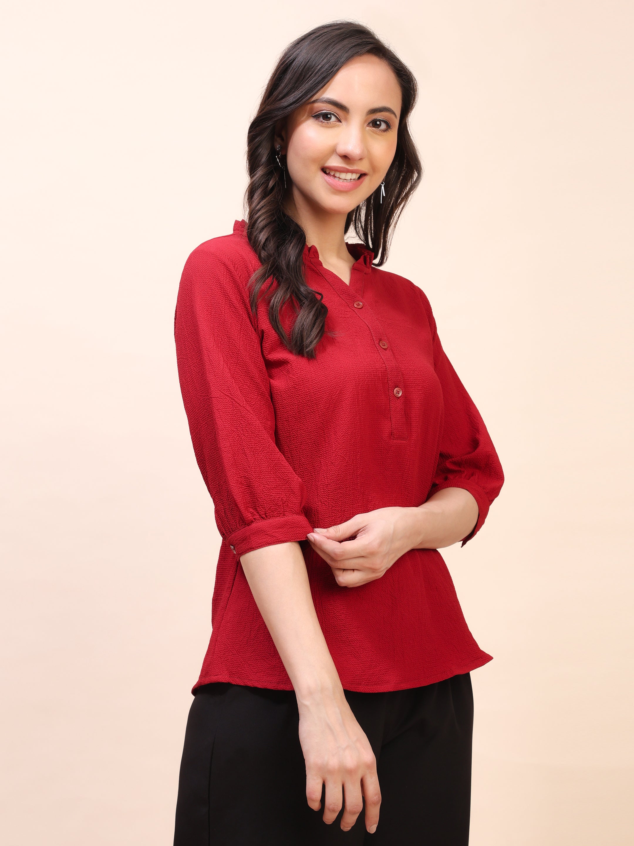 Classic Ruffle Detail Mandarin Collar Top