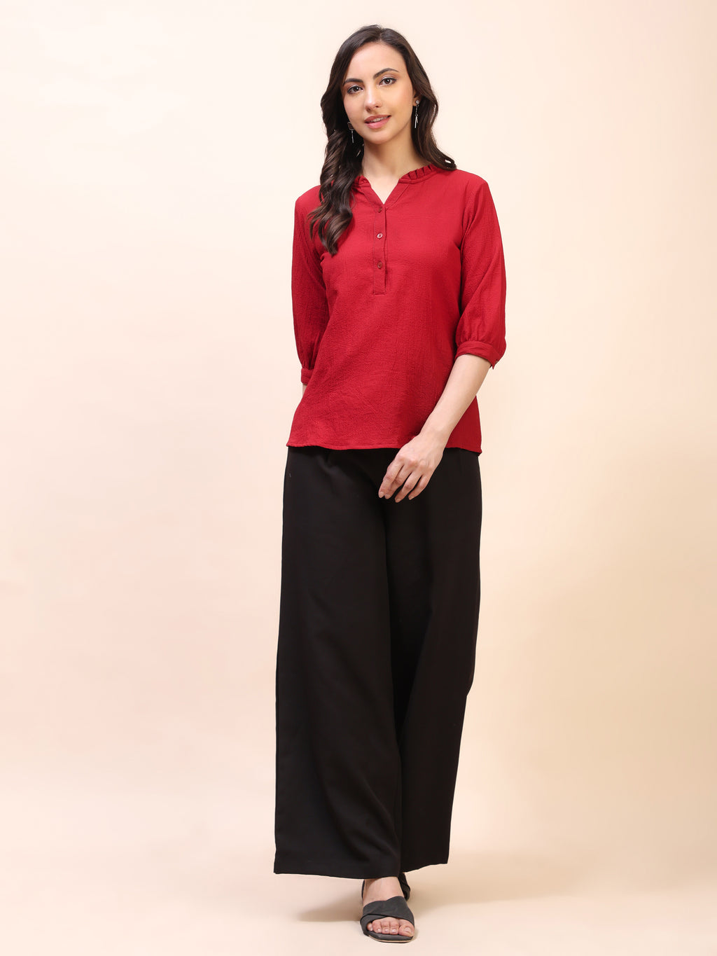 Classic Ruffle Detail Mandarin Collar Top