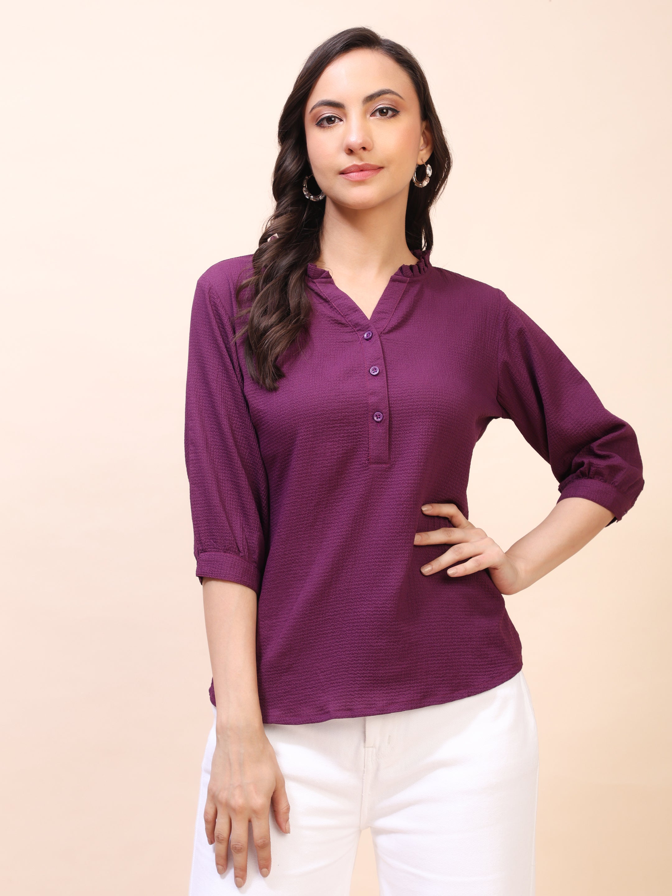Classic Ruffle Detail Mandarin Collar Top