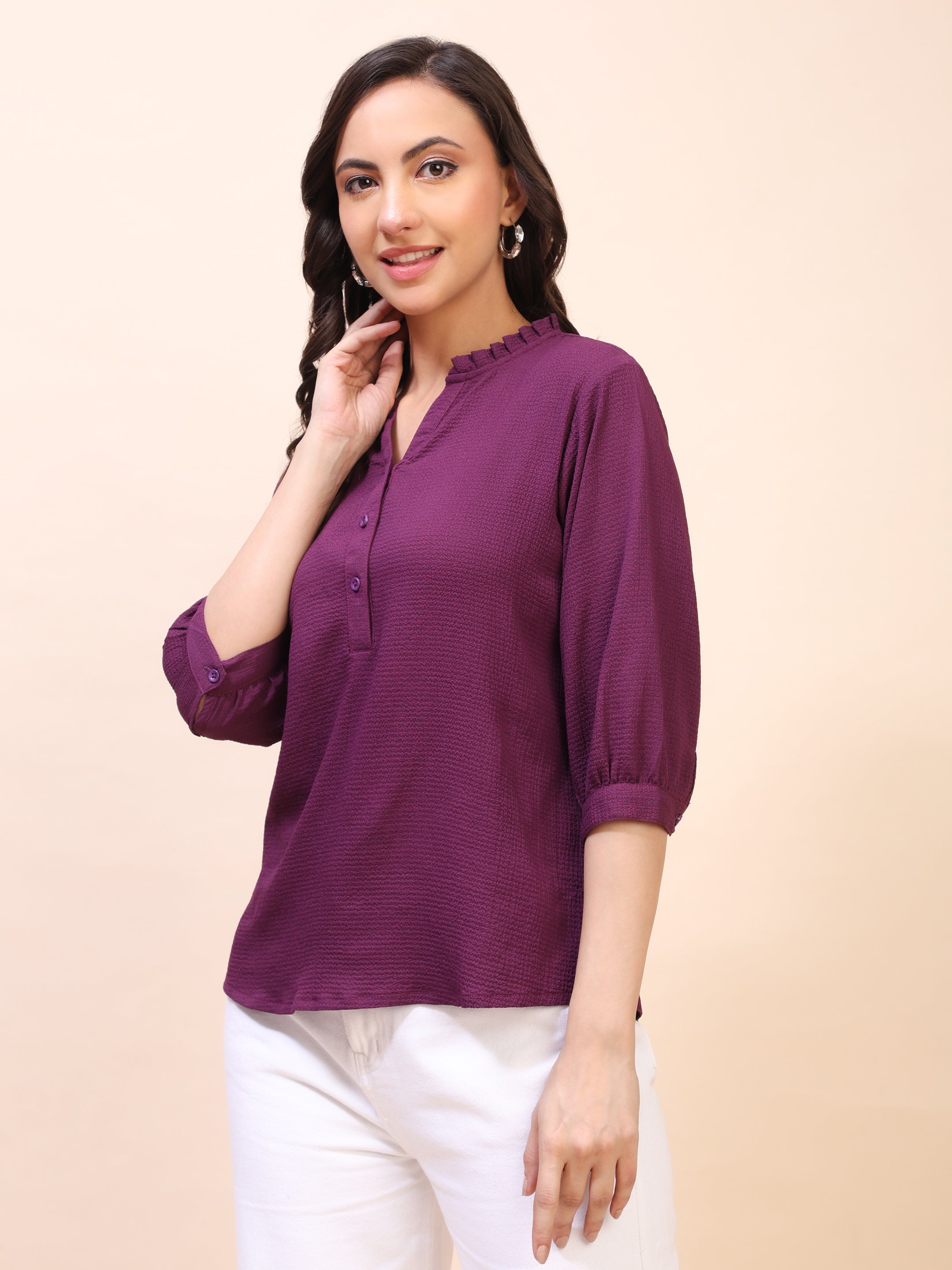 Classic Ruffle Detail Mandarin Collar Top