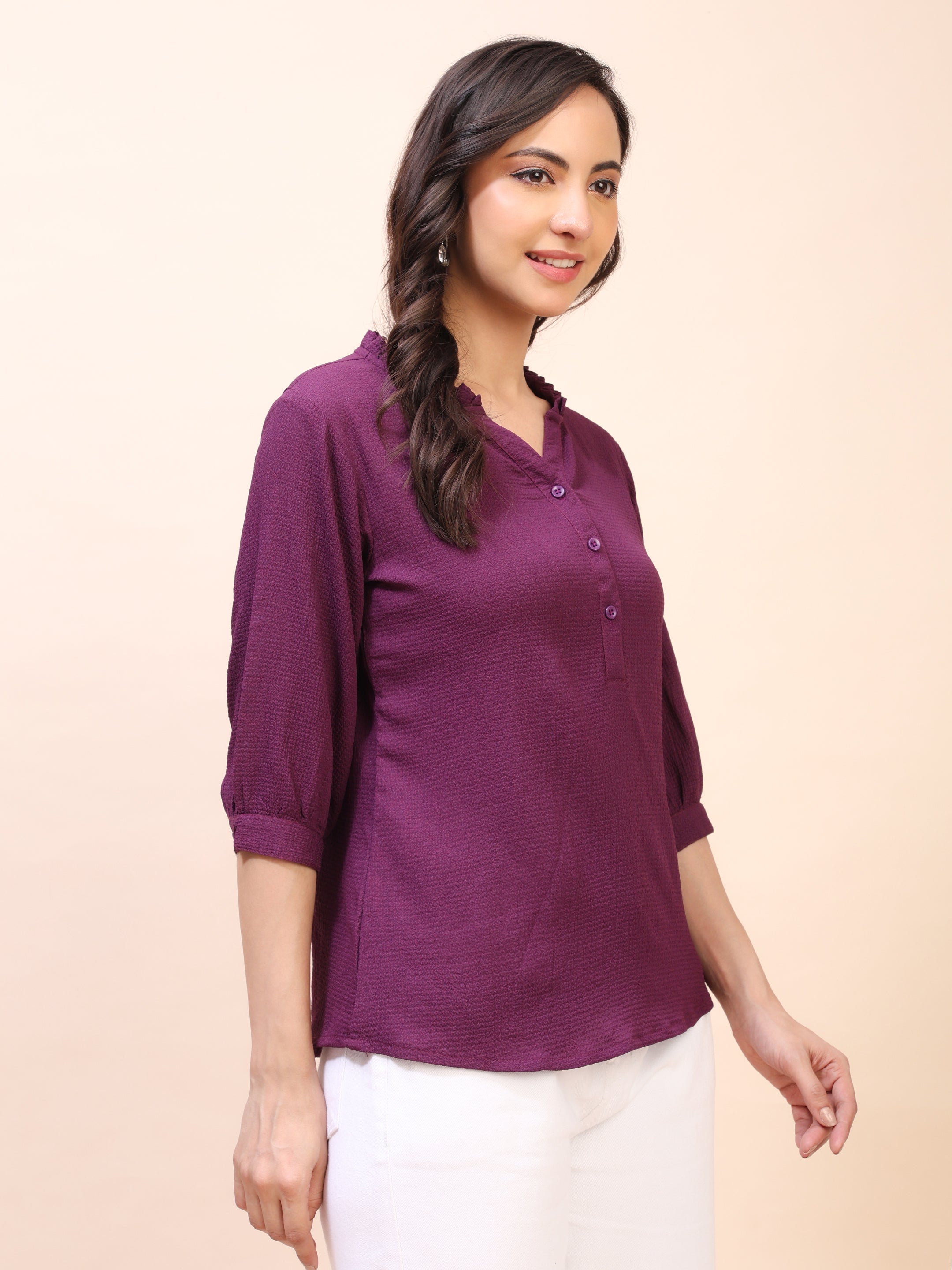 Classic Ruffle Detail Mandarin Collar Top