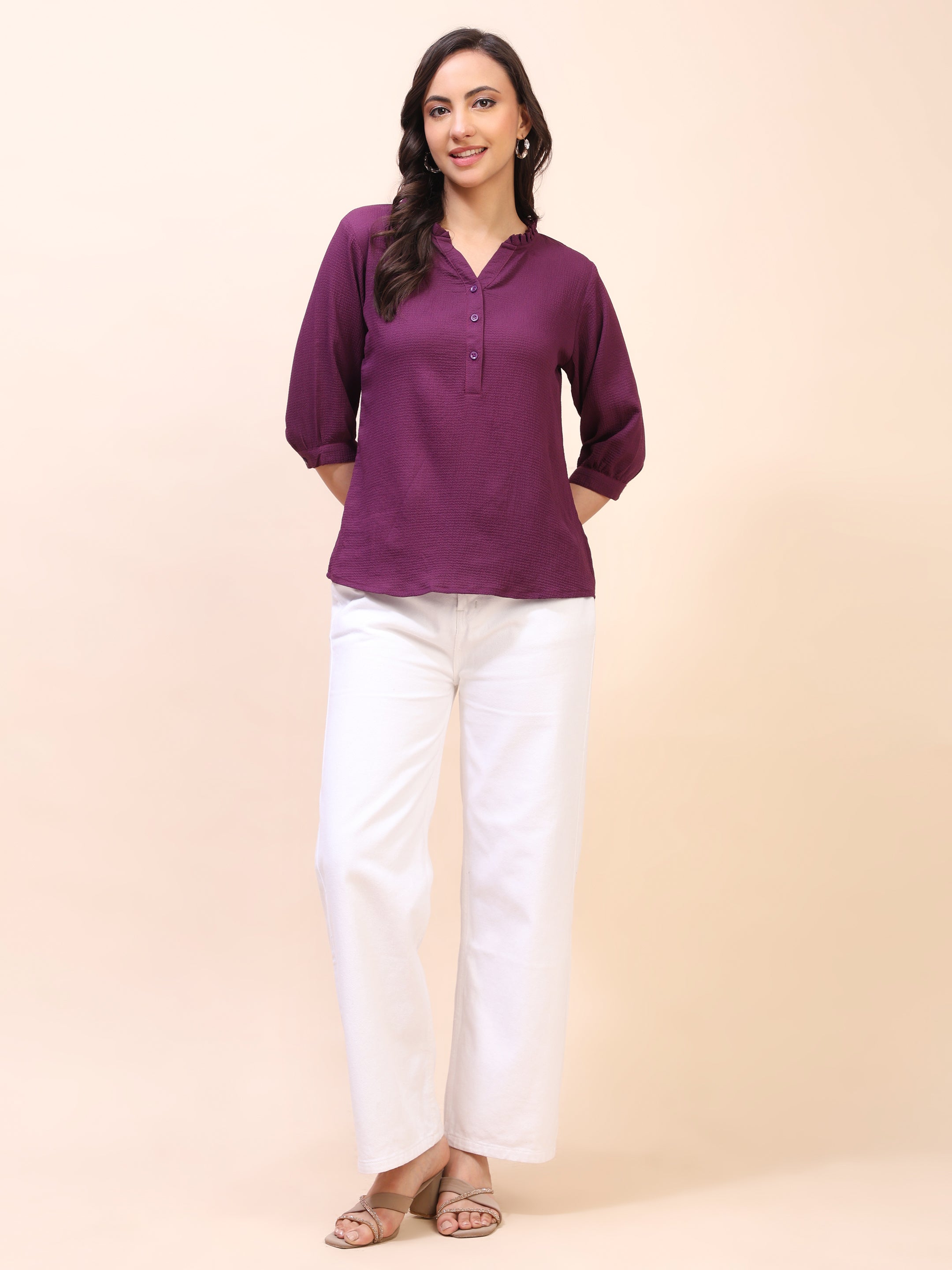 Classic Ruffle Detail Mandarin Collar Top