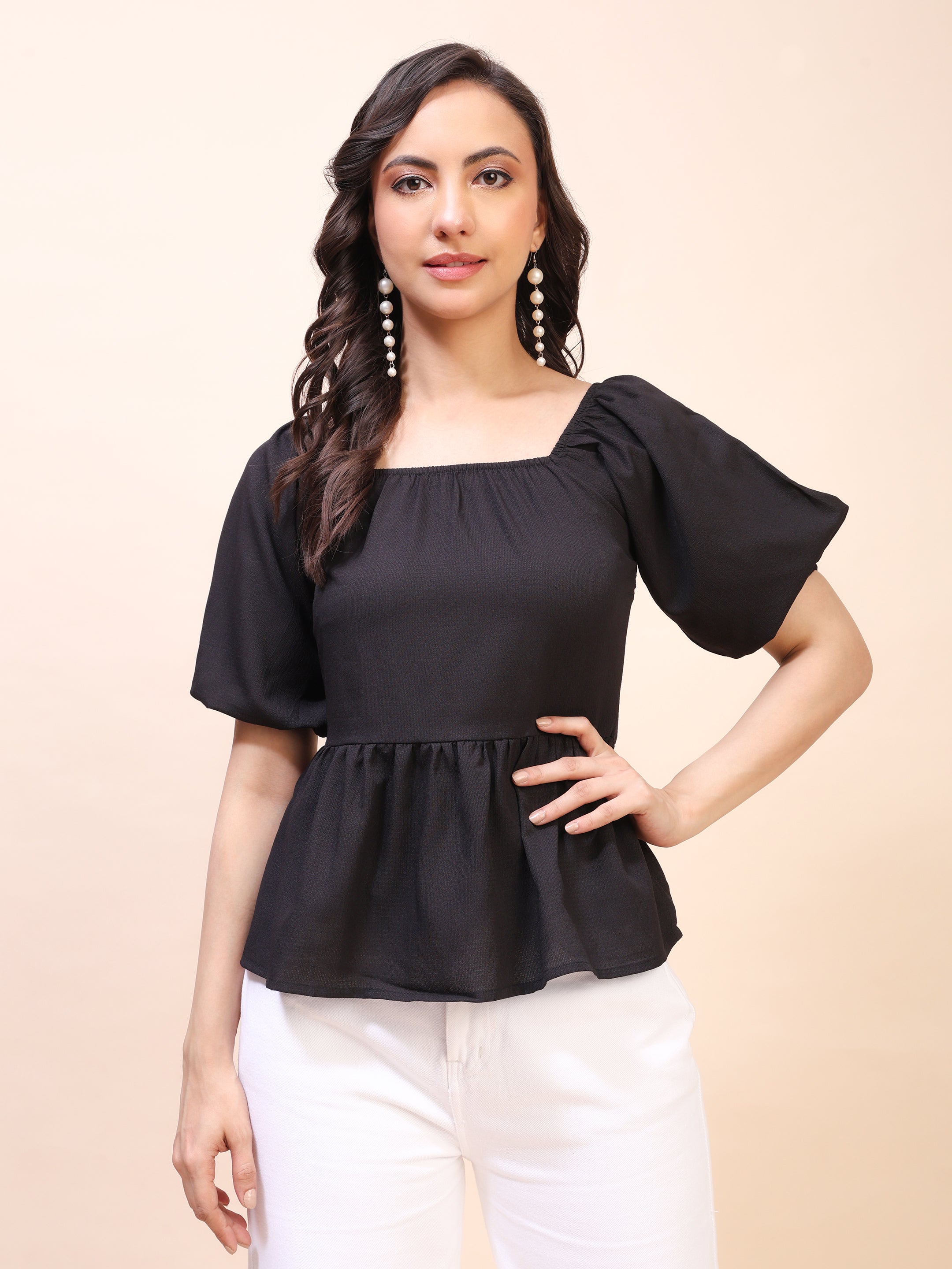 Ruffle Detail Square Neck Peplum Top