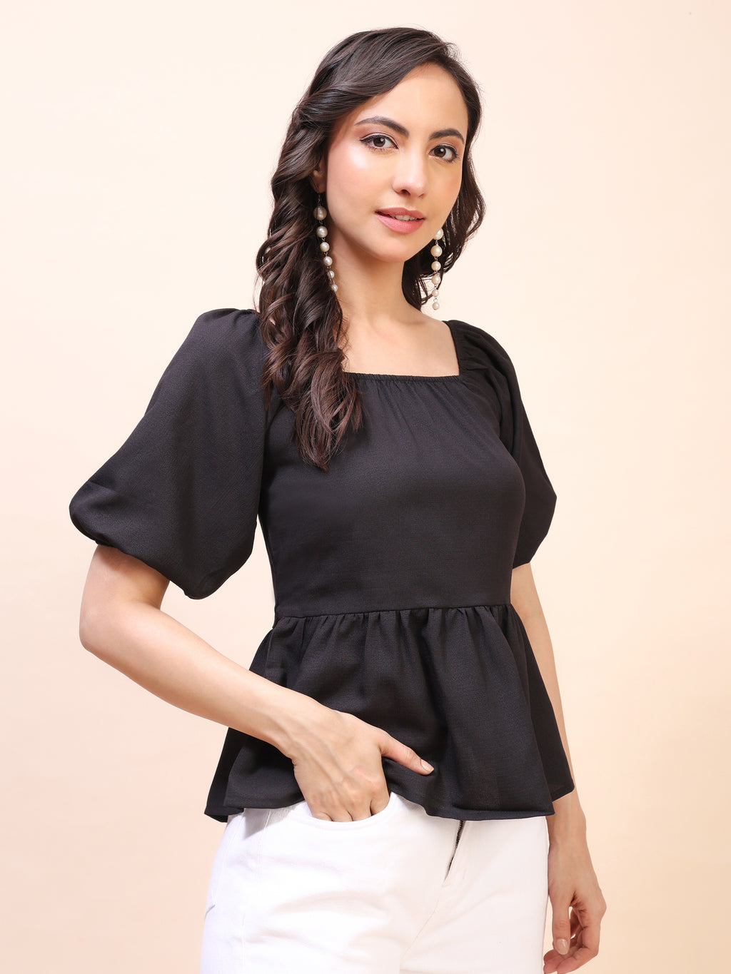 Ruffle Detail Square Neck Peplum Top