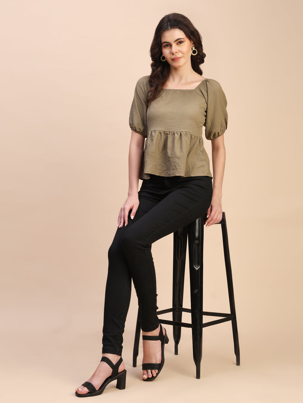 Ruffle Detail Square Neck Peplum Top