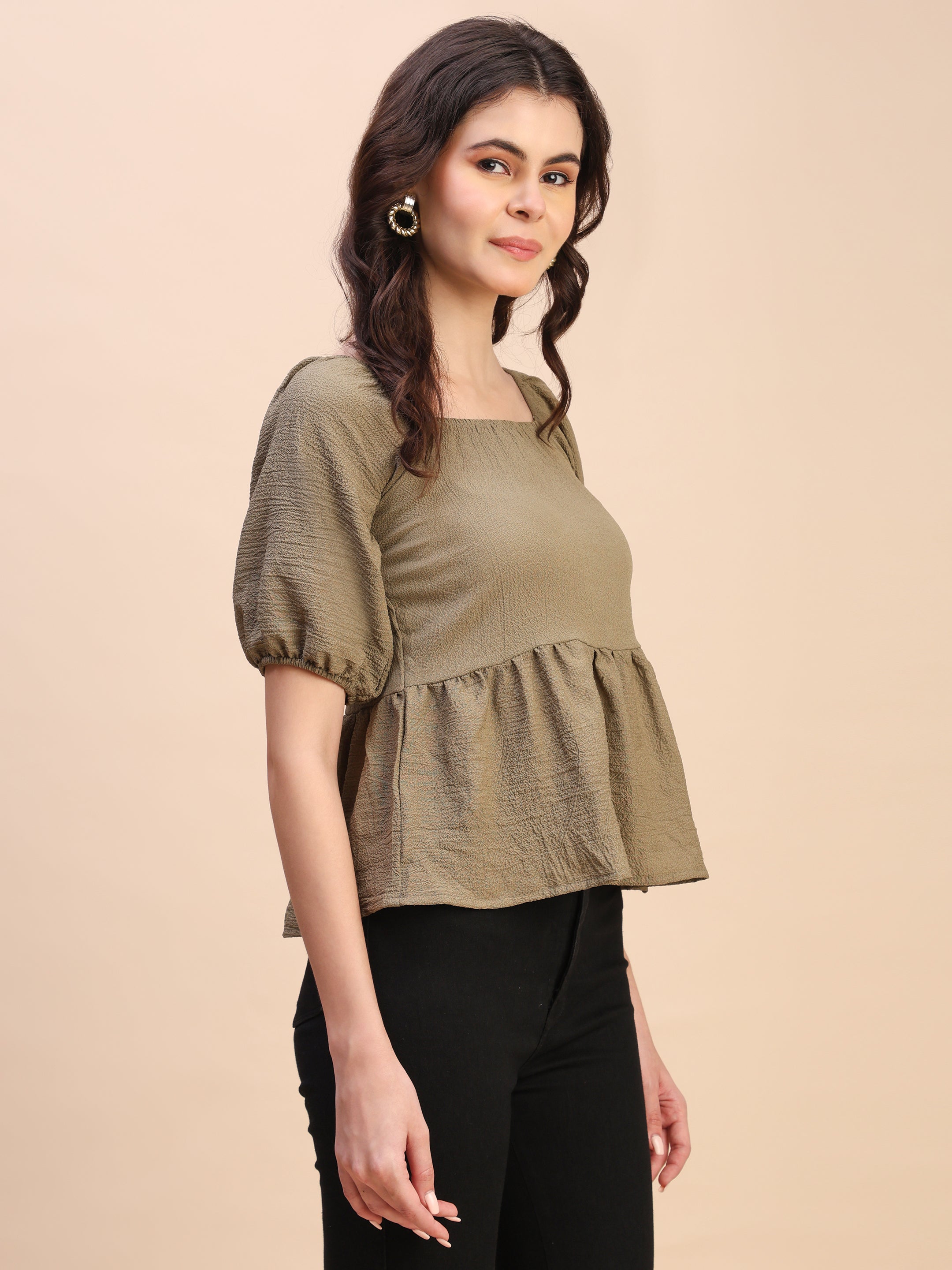 Ruffle Detail Square Neck Peplum Top