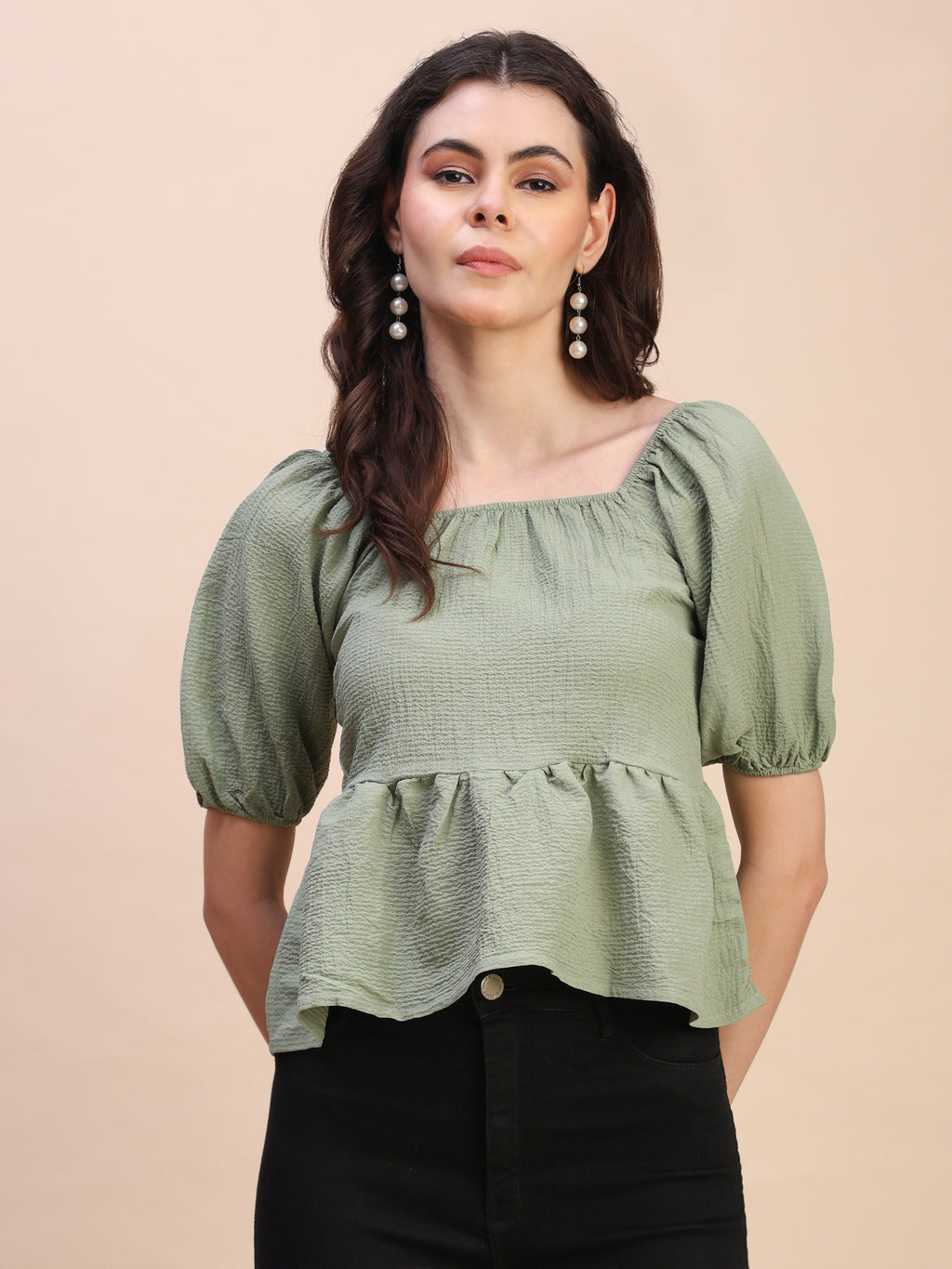 Ruffle Detail Square Neck Peplum Top