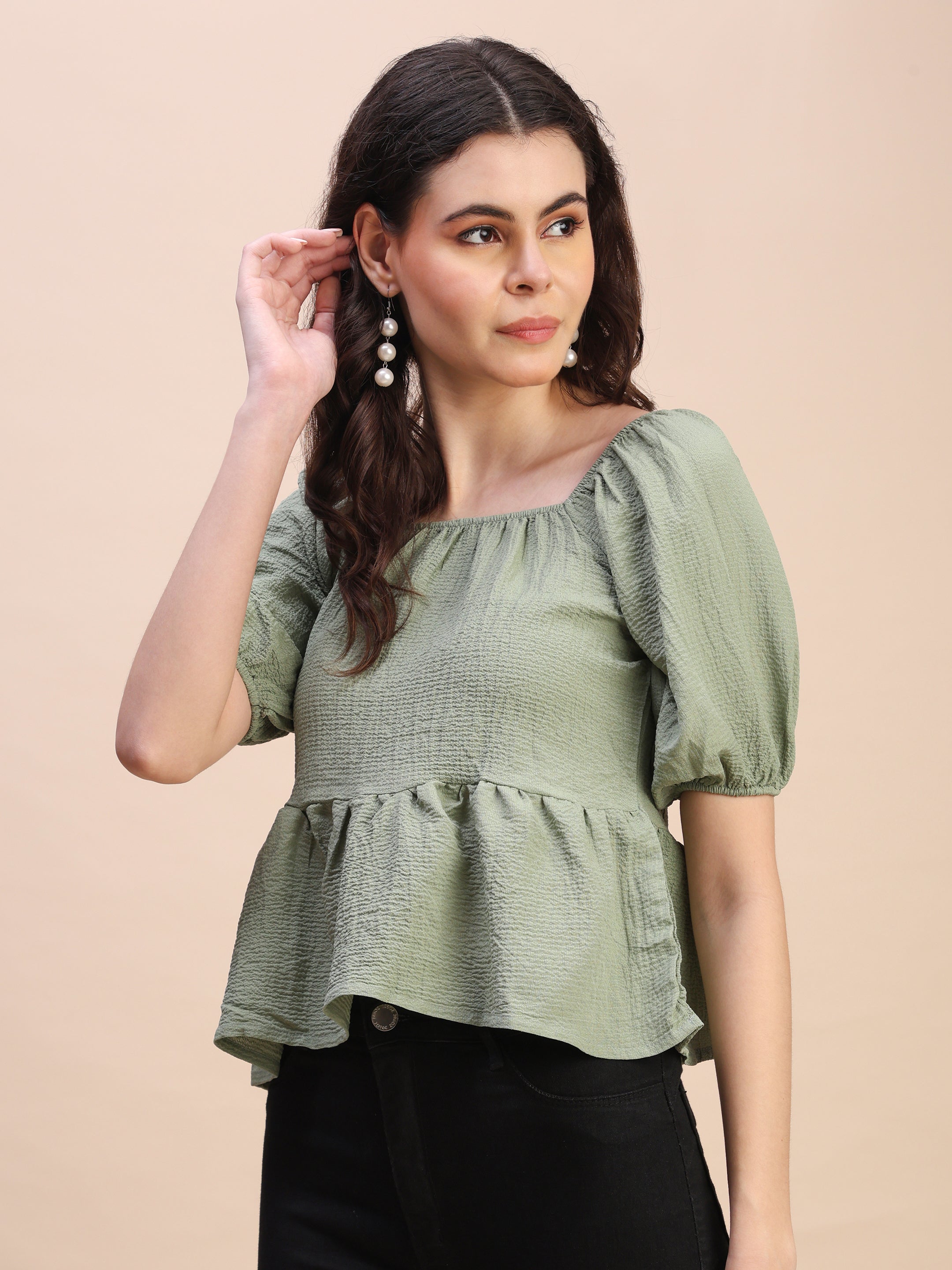 Ruffle Detail Square Neck Peplum Top