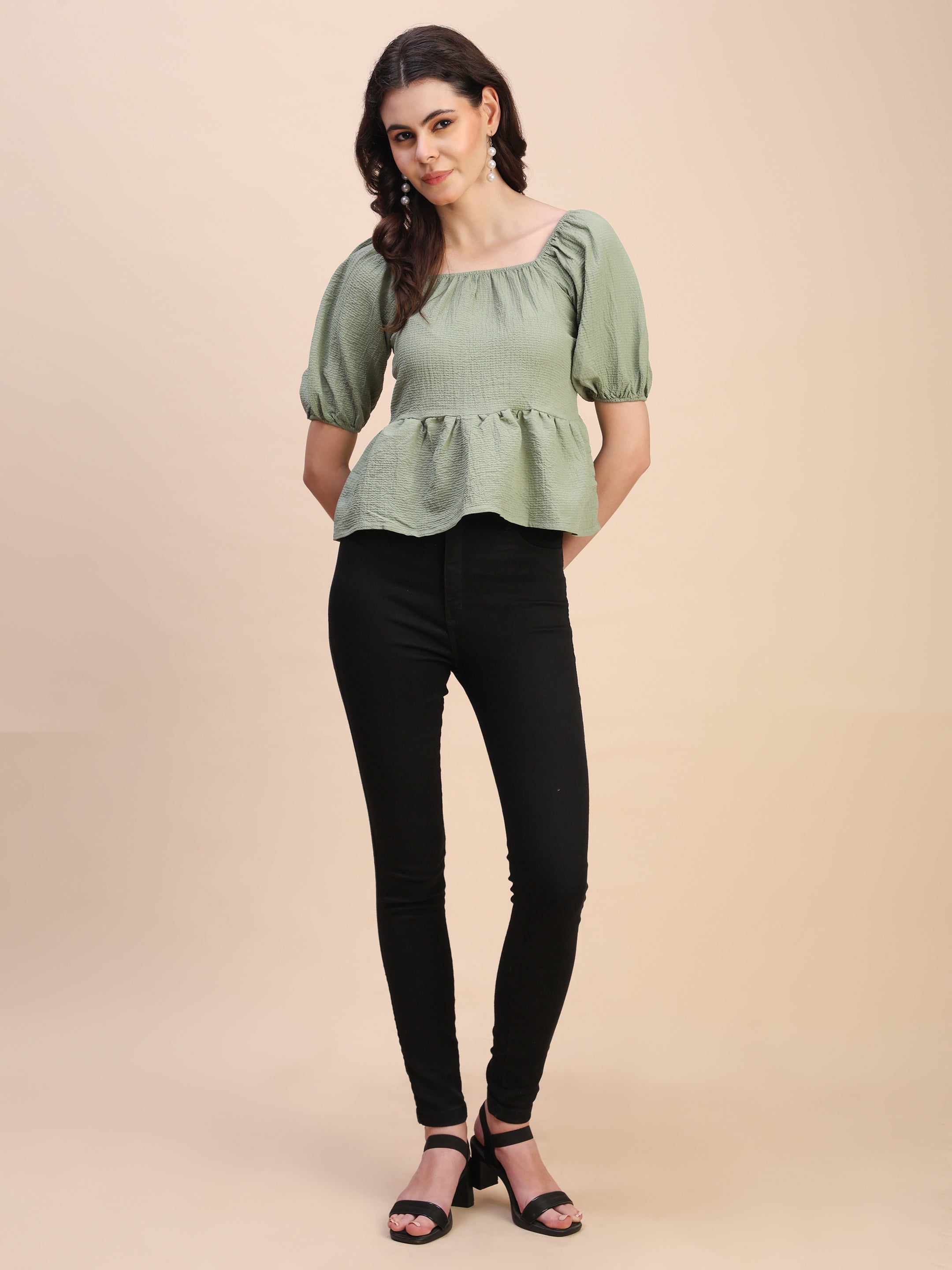Ruffle Detail Square Neck Peplum Top