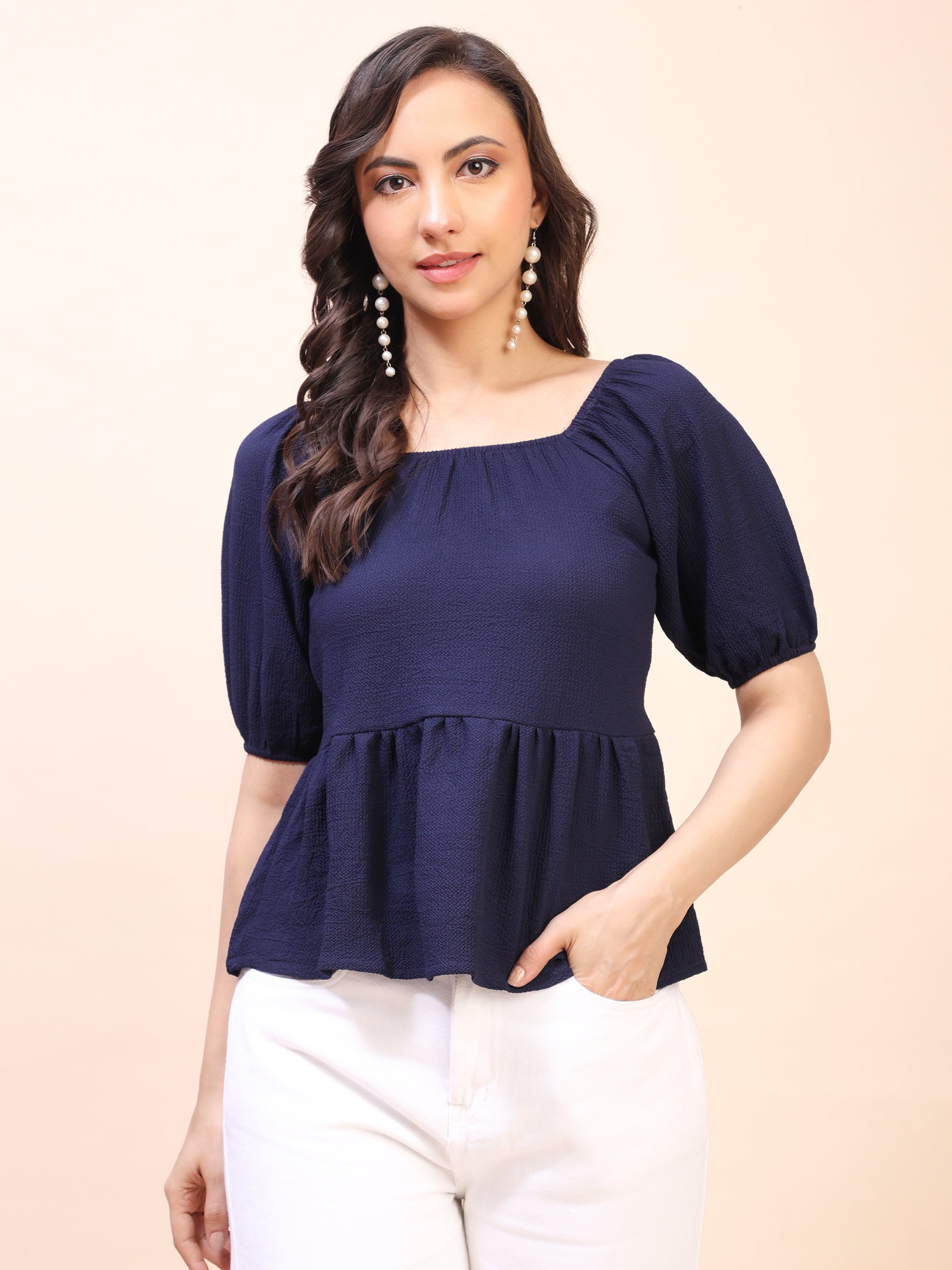 Ruffle Detail Square Neck Peplum Top