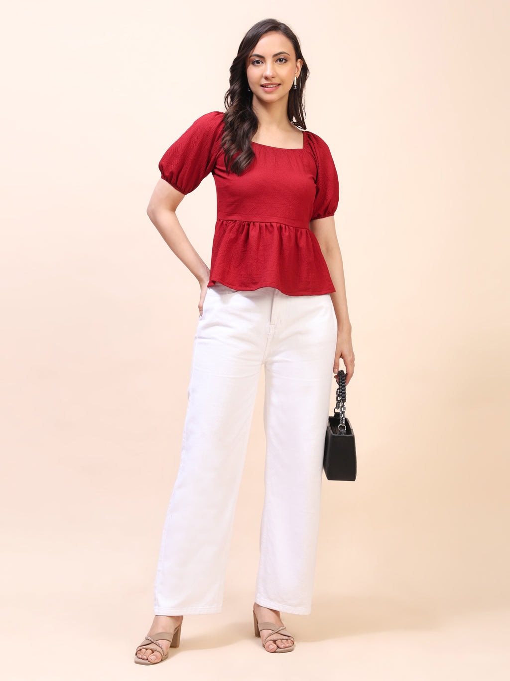 Ruffle Detail Square Neck Peplum Top
