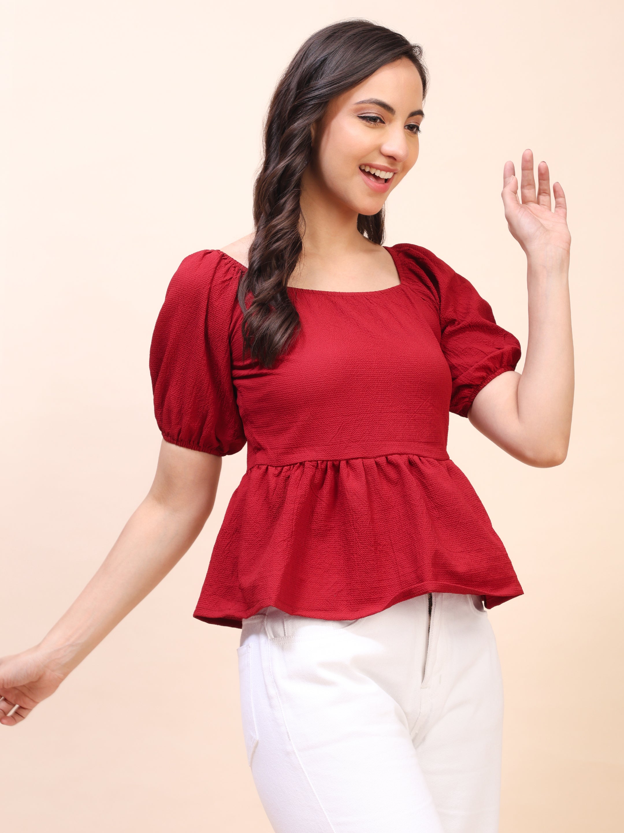 Ruffle Detail Square Neck Peplum Top