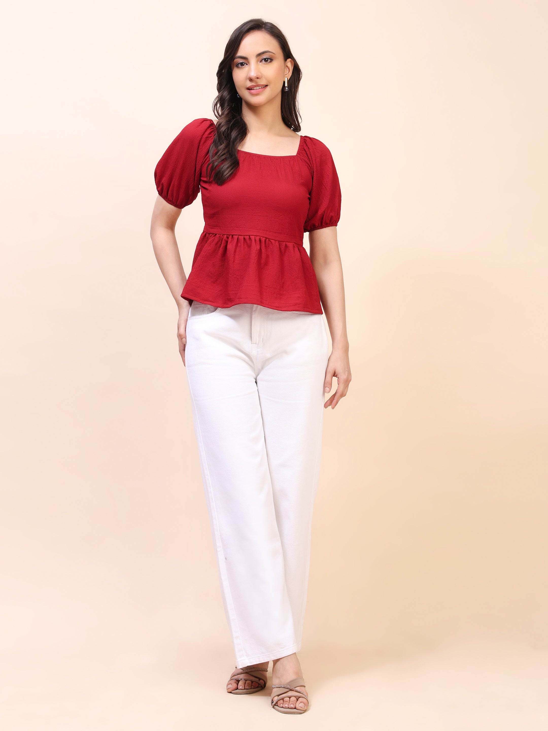 Ruffle Detail Square Neck Peplum Top