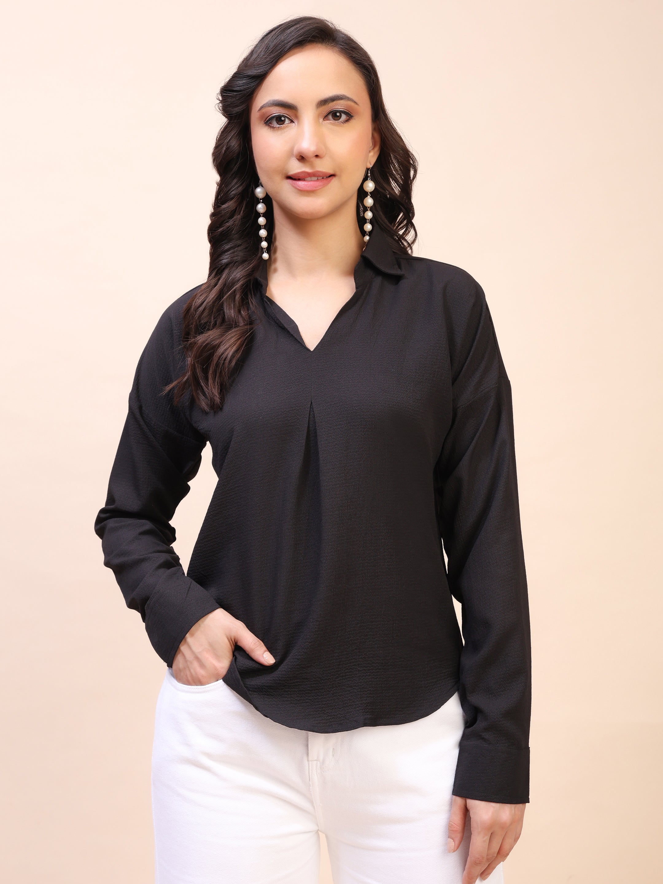 V-Neck Pleat Detail Full-Sleeve Top