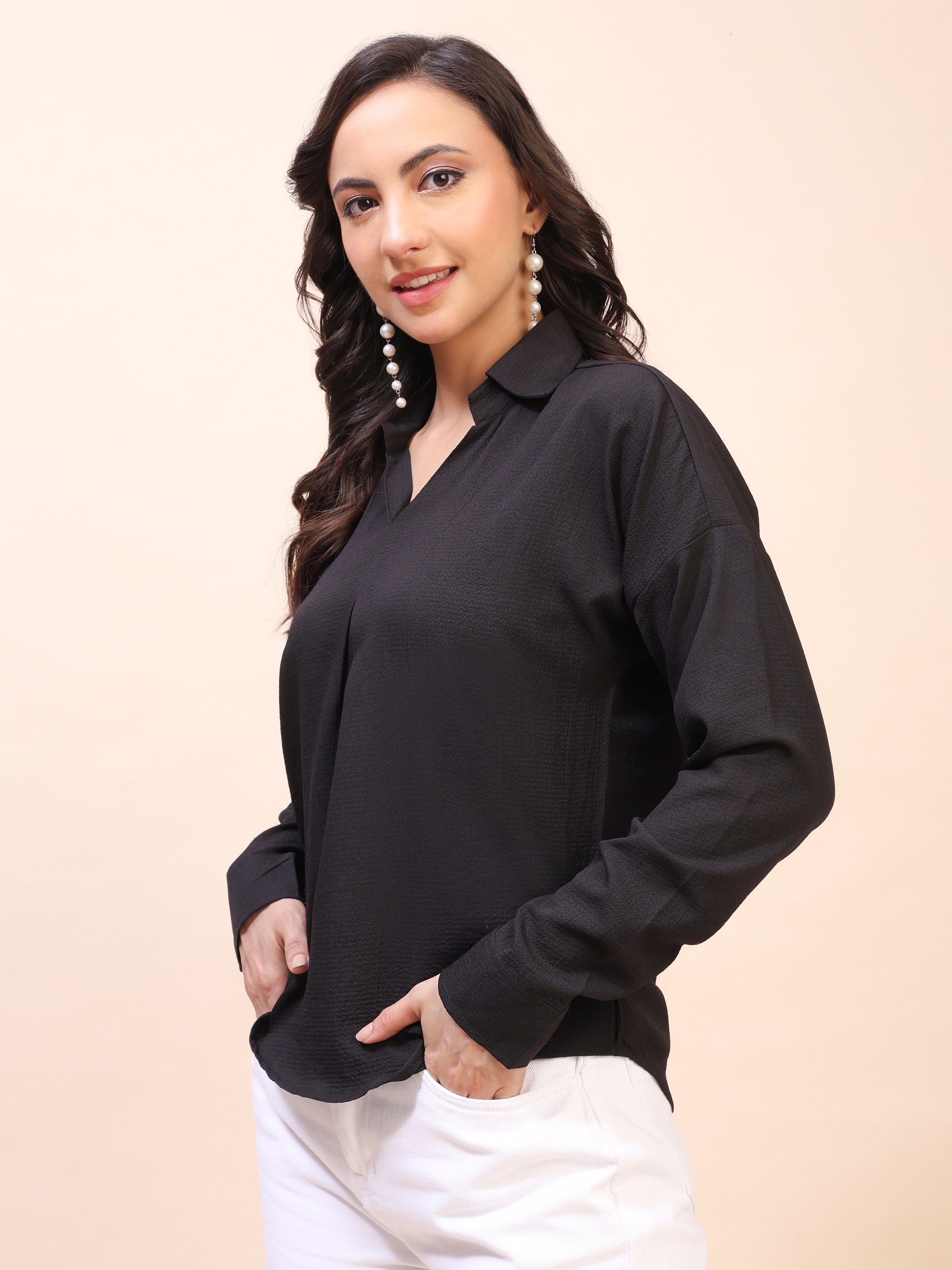 V-Neck Pleat Detail Full-Sleeve Top