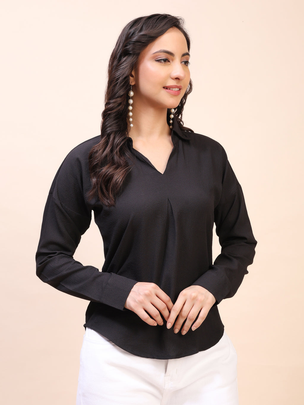 V-Neck Pleat Detail Full-Sleeve Top