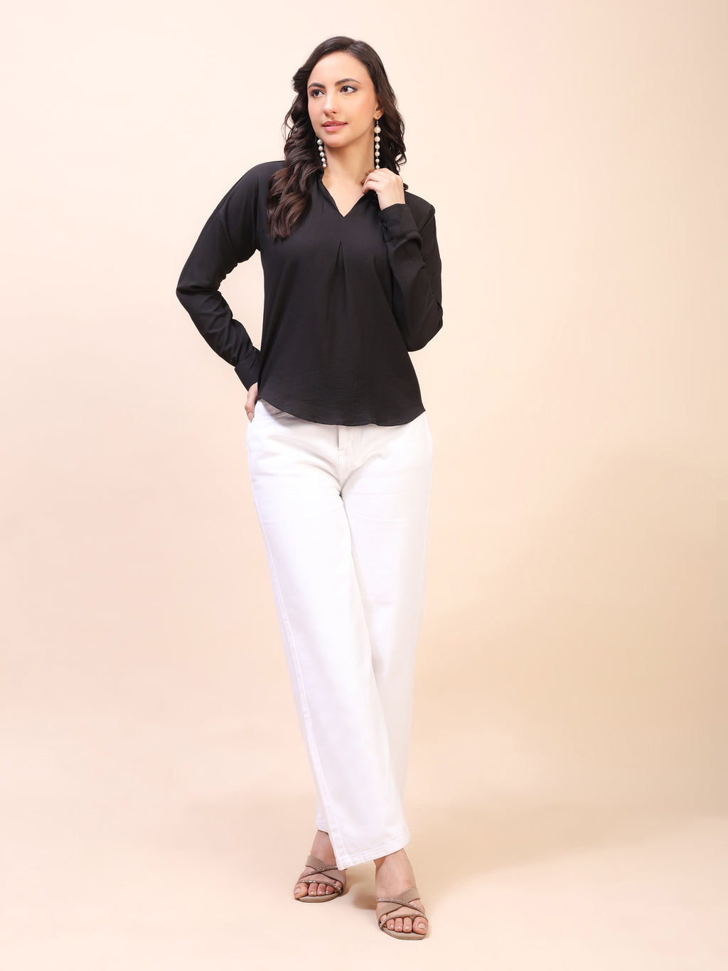V-Neck Pleat Detail Full-Sleeve Top