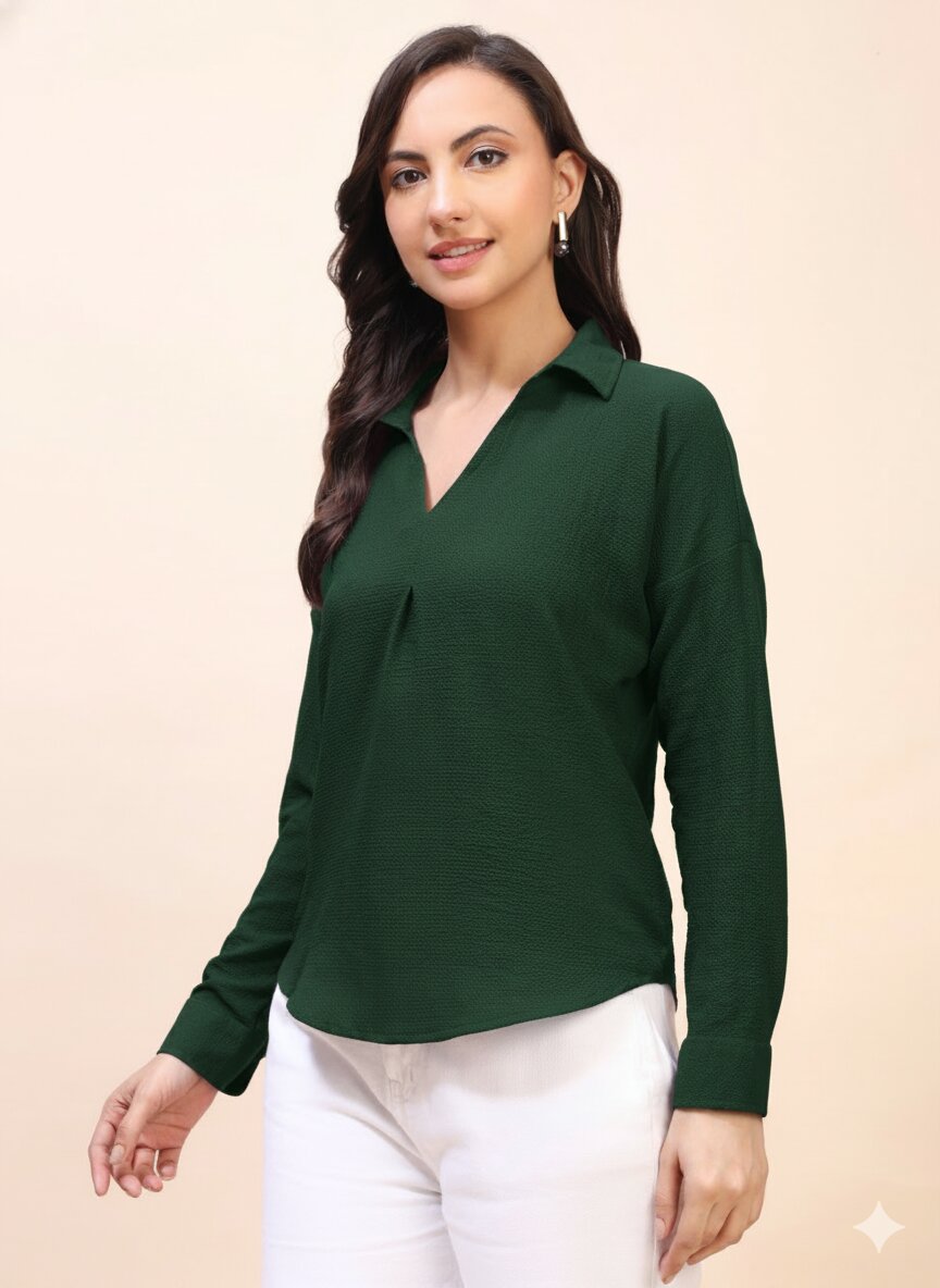 V-Neck Pleat Detail Full-Sleeve Top