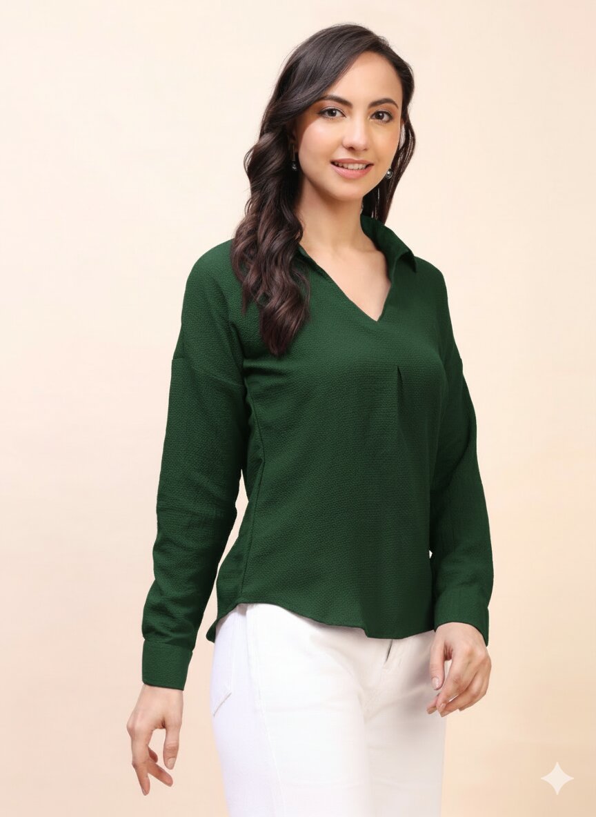 V-Neck Pleat Detail Full-Sleeve Top