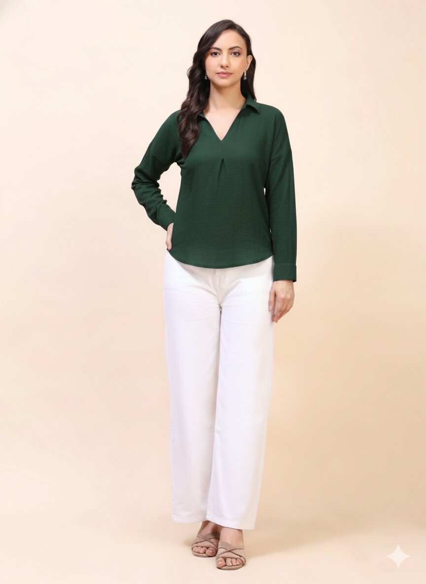 V-Neck Pleat Detail Full-Sleeve Top