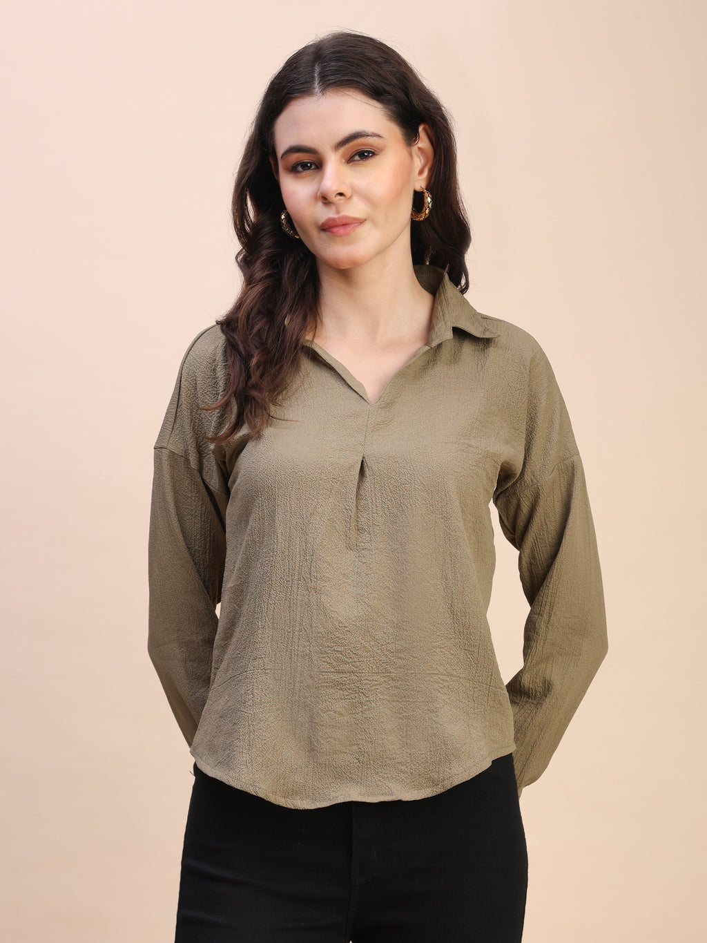V-Neck Pleat Detail Full-Sleeve Top