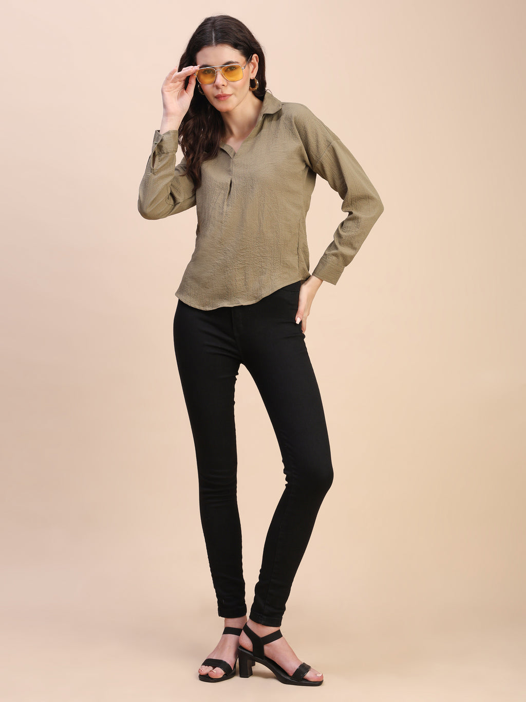 V-Neck Pleat Detail Full-Sleeve Top