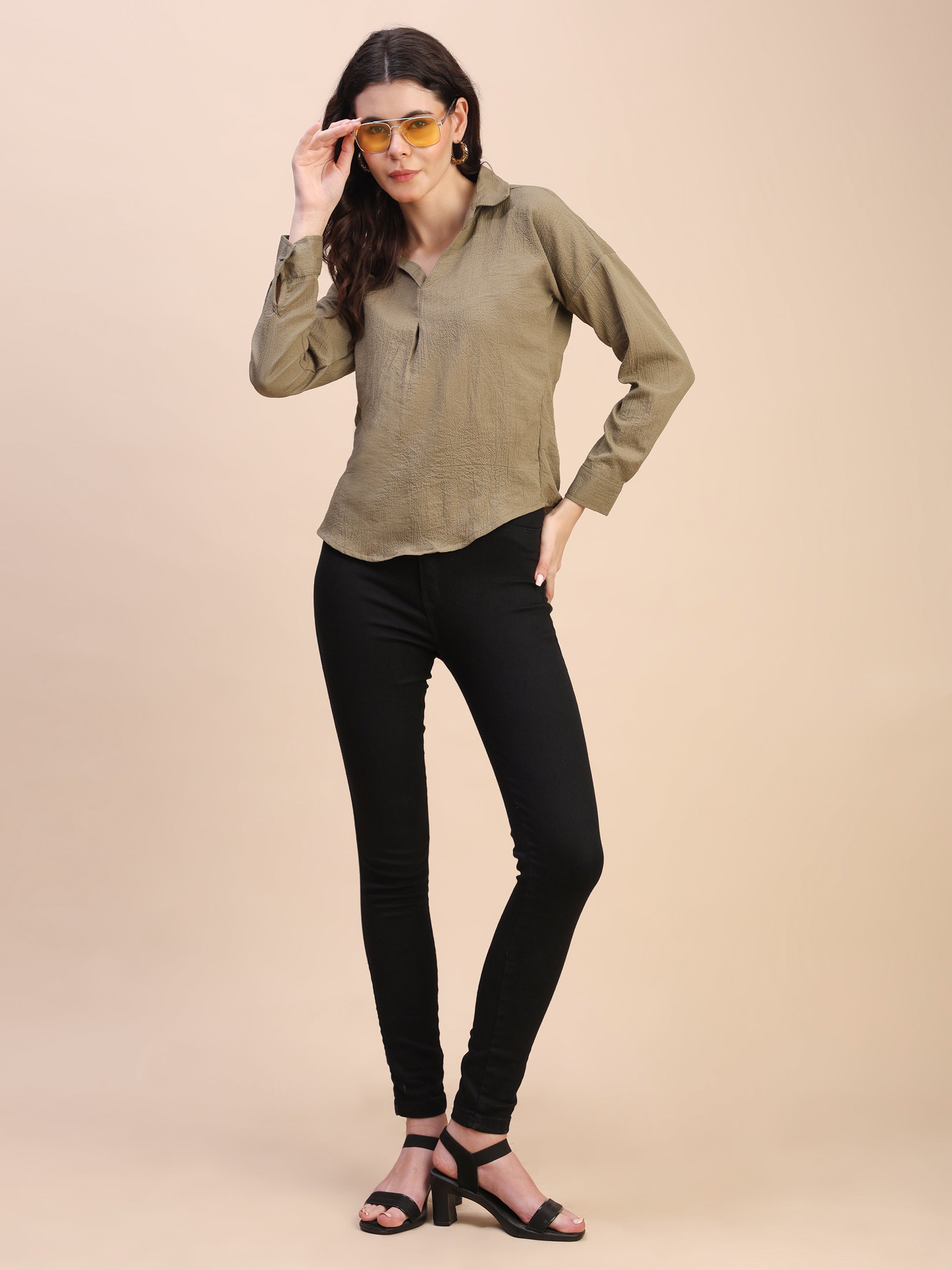 V-Neck Pleat Detail Full-Sleeve Top