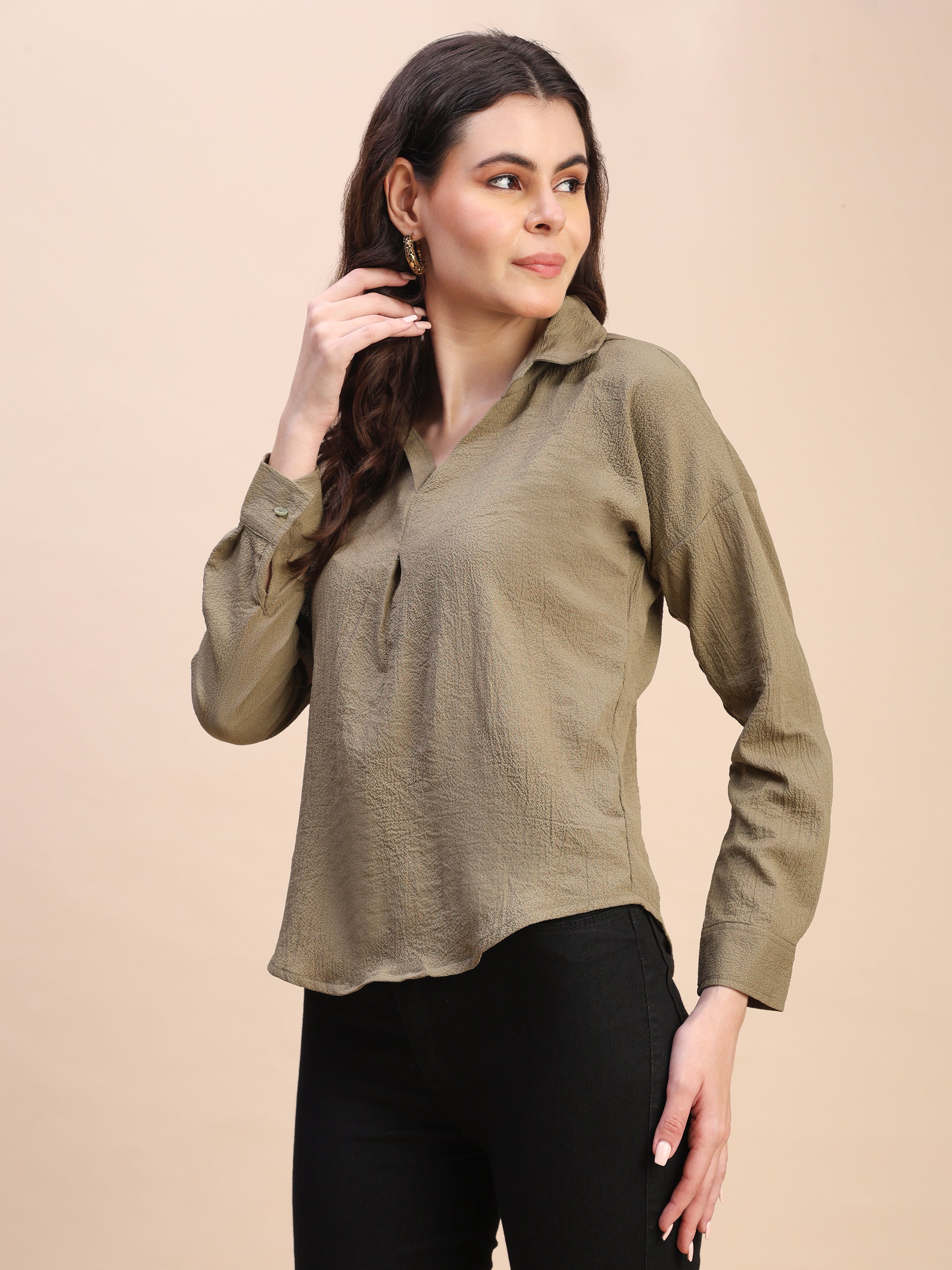 V-Neck Pleat Detail Full-Sleeve Top