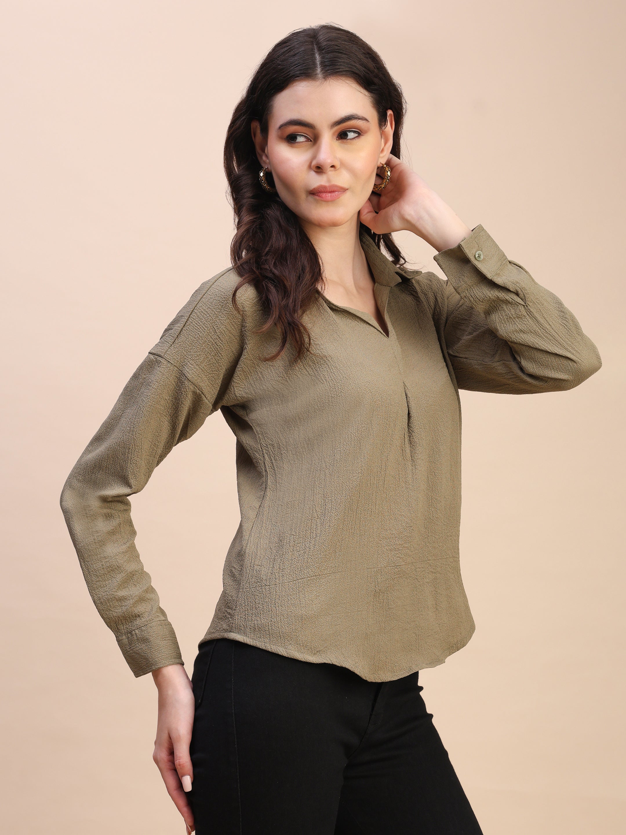 V-Neck Pleat Detail Full-Sleeve Top