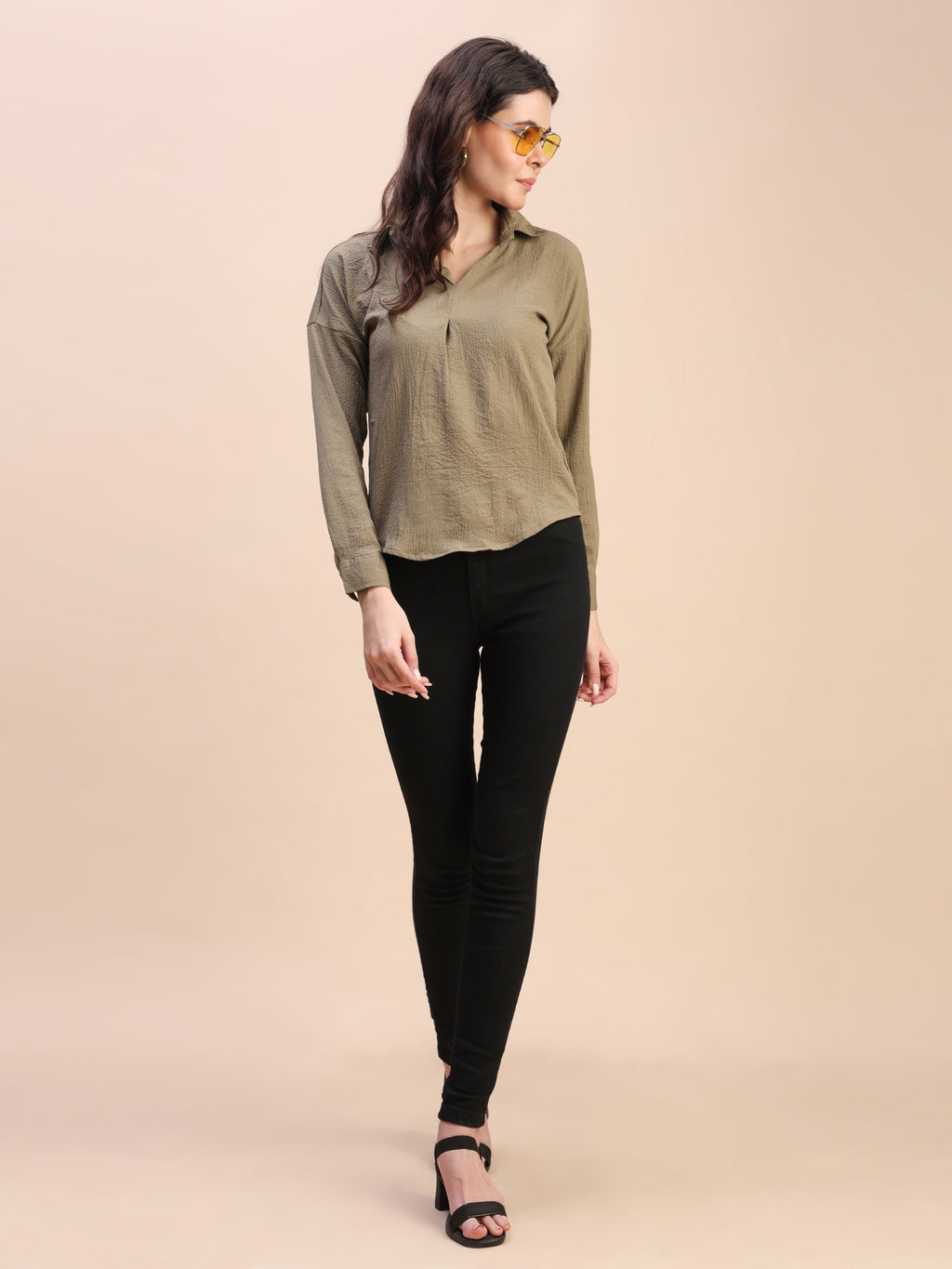 V-Neck Pleat Detail Full-Sleeve Top