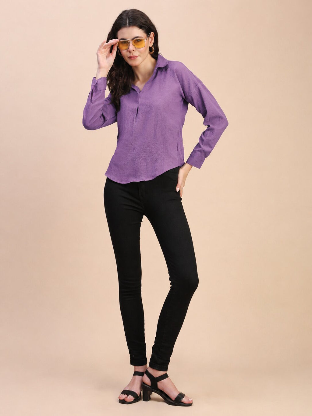 V-Neck Pleat Detail Full-Sleeve Top